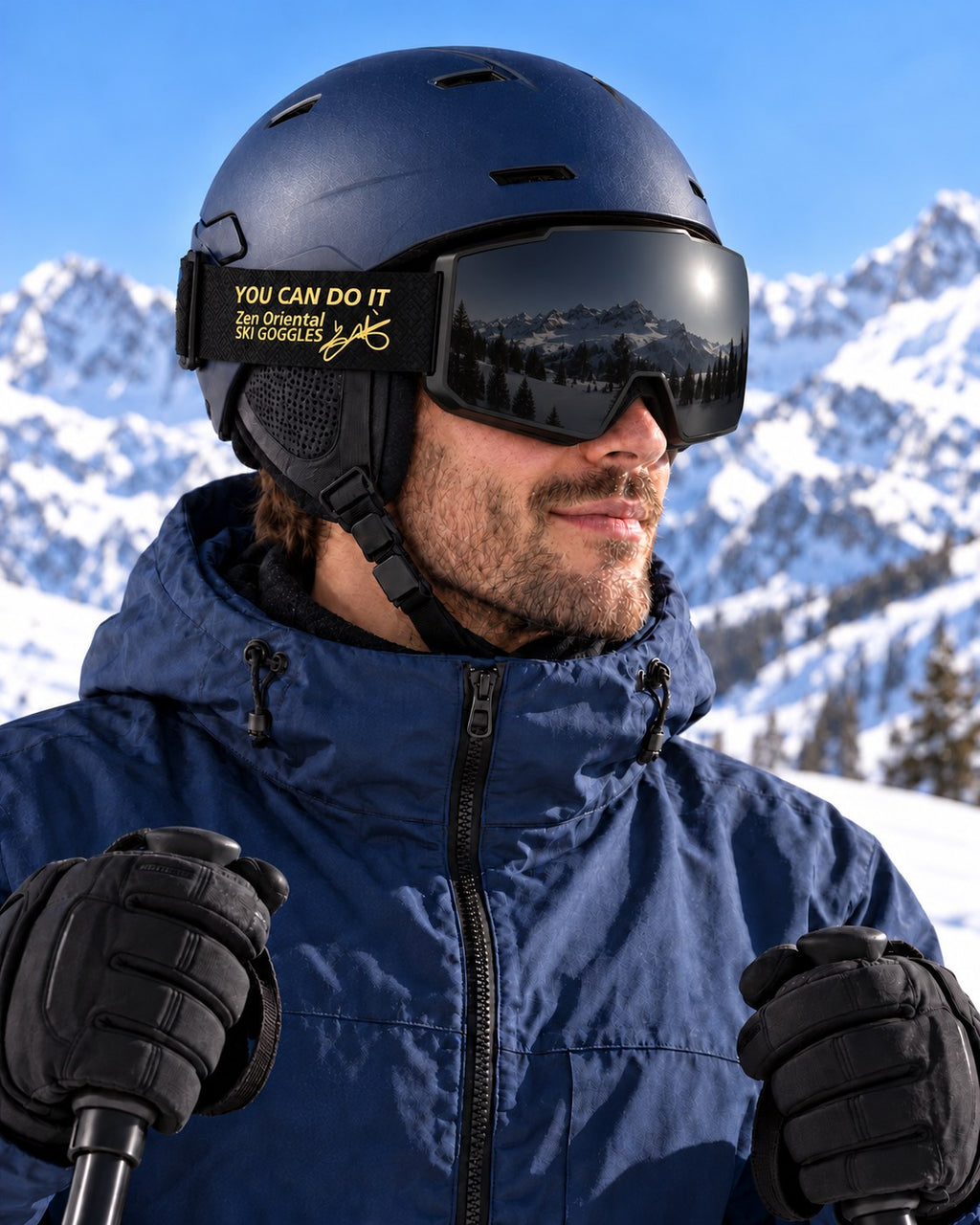 Drift 4 | Snow Goggles | Photochromic Cylindrical Lens, UV400 Protection | Skiing and Snowboarding-Black Lens / Black Frame / Black Strap – side view worn by a skier – Snowgest