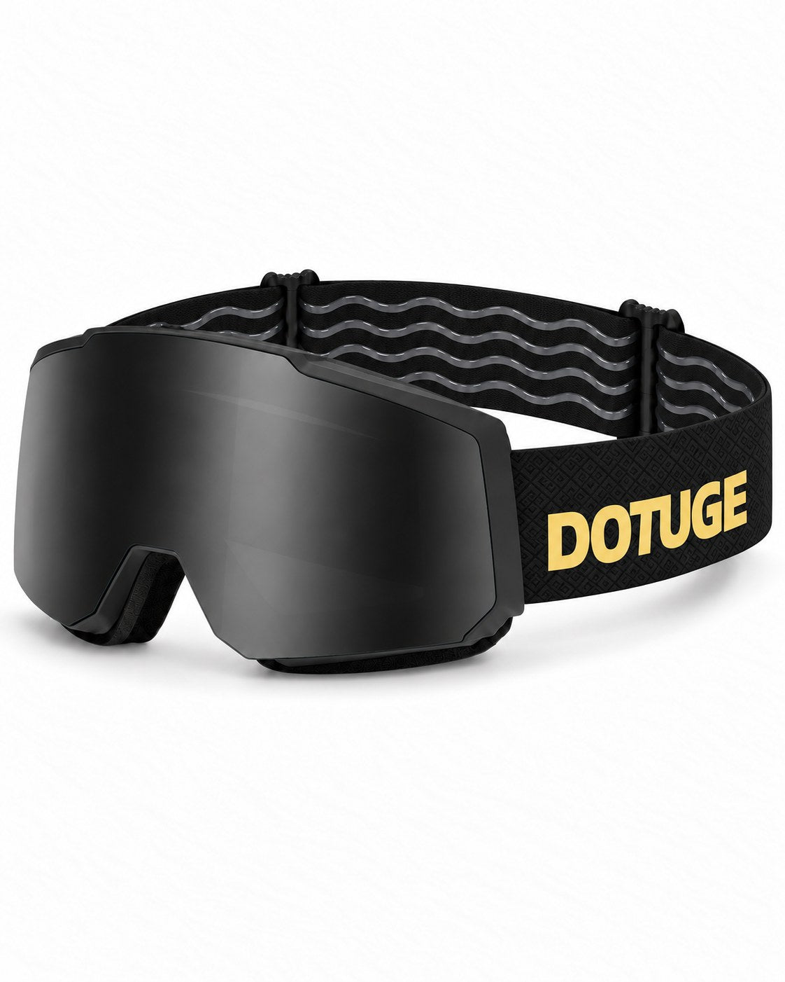 Drift 4 | Snow Goggles | Photochromic Cylindrical Lens, UV400 Protection | Skiing and Snowboarding-Black Lens / Black Frame / Black Strap – three-quarter view, studio – Snowgest