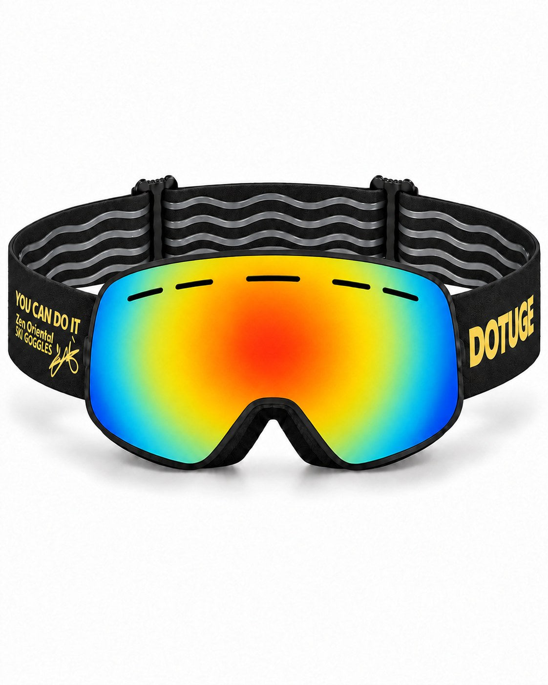 Dune | Snow Goggles | Spherical Lens, UV400 Protection | Skiing and Snowboarding-Rainbow Lens / Black Frame / Black Strap – front view, studio – Snowgest