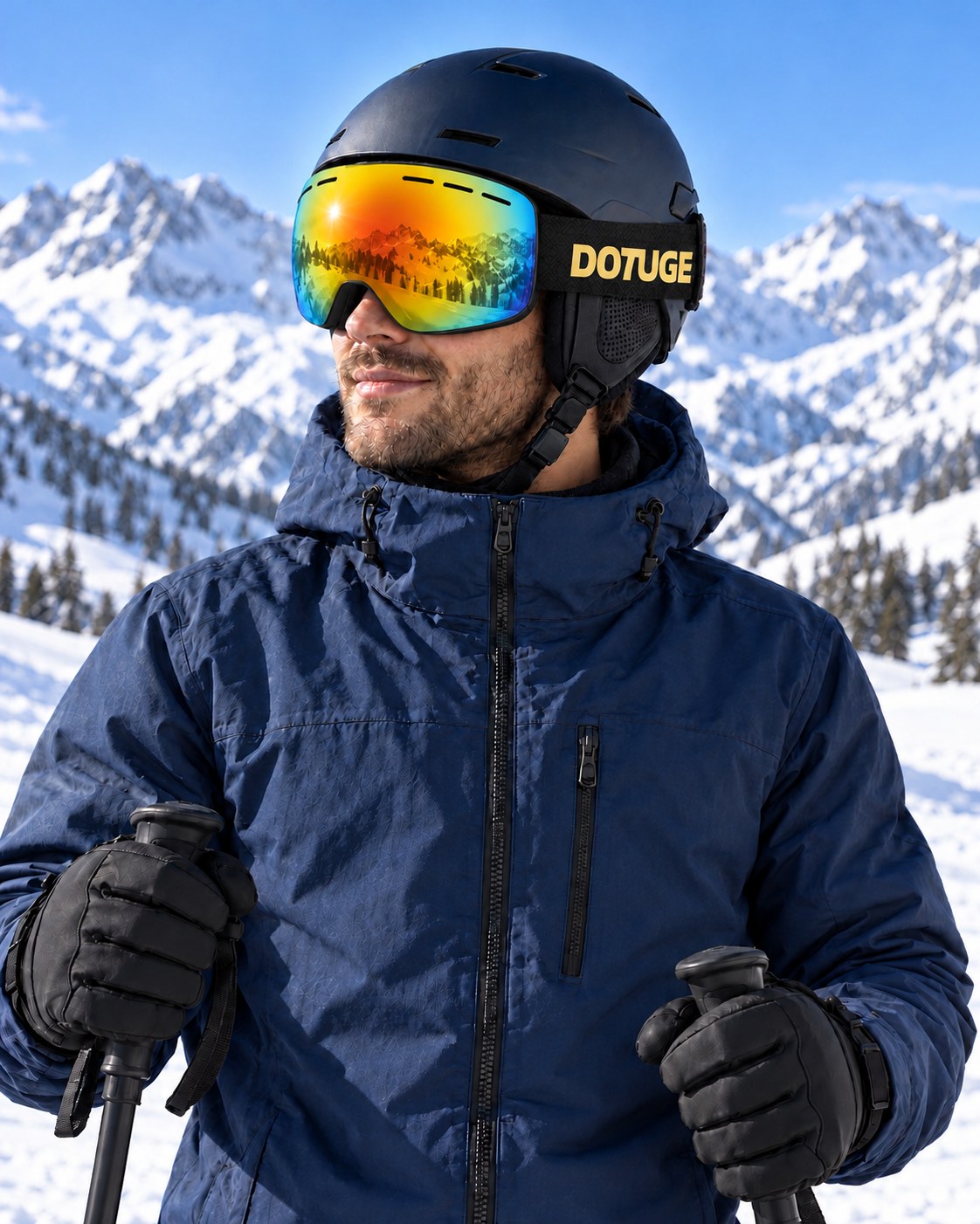 Dune | Snow Goggles | Spherical Lens, UV400 Protection | Skiing and Snowboarding-Rainbow Lens / Black Frame / Black Strap – worn by a skier on the slopes – Snowgest