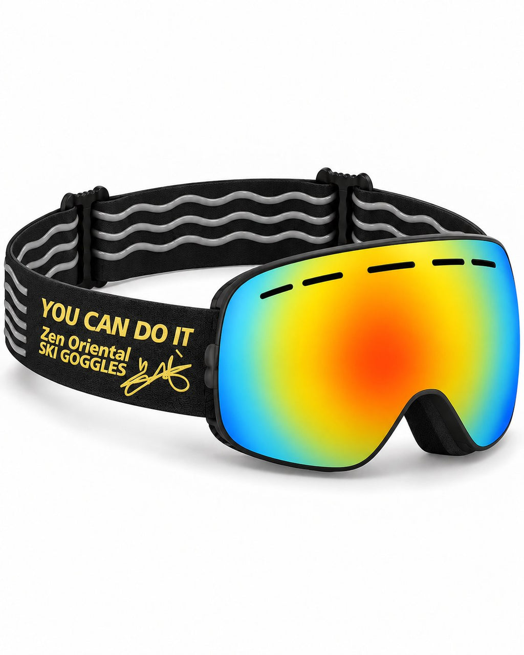 Dune | Snow Goggles | Spherical Lens, UV400 Protection | Skiing and Snowboarding-Rainbow Lens / Black Frame / Black Strap – opposite side view, studio – Snowgest