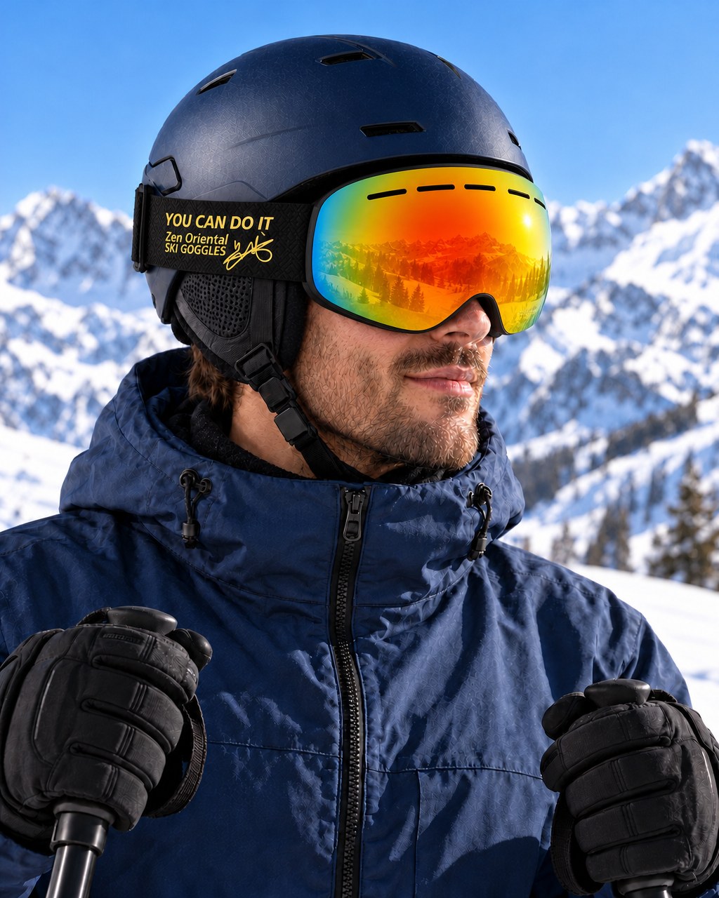 Dune | Snow Goggles | Spherical Lens, UV400 Protection | Skiing and Snowboarding-Rainbow Lens / Black Frame / Black Strap – side view worn by a skier – Snowgest