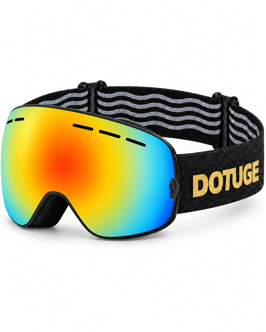 Dune | Snow Goggles | Spherical Lens, UV400 Protection | Skiing and Snowboarding-Rainbow Lens / Black Frame / Black Strap – three-quarter view, studio – Snowgest