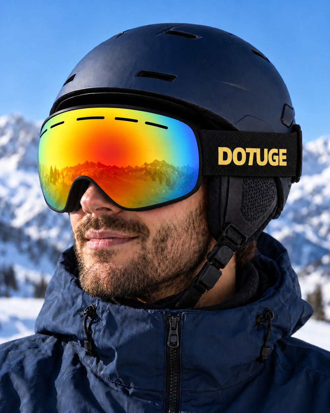 Dune | Snow Goggles | Spherical Lens, UV400 Protection | Skiing and Snowboarding-Rainbow Lens / Black Frame / Black Strap – worn with a ski helmet, close-up – Snowgest