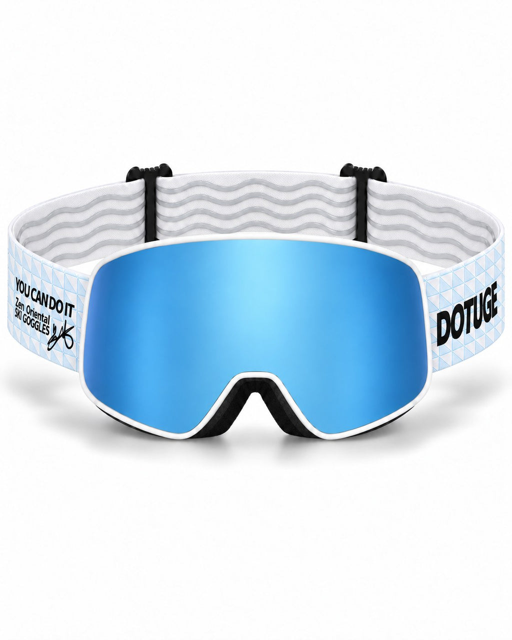 Ember | Snow Goggles | Cylindrical Lens, UV400 Protection | Skiing and Snowboarding-Blue Lens / White Frame / White Strap – front view, studio – Snowgest