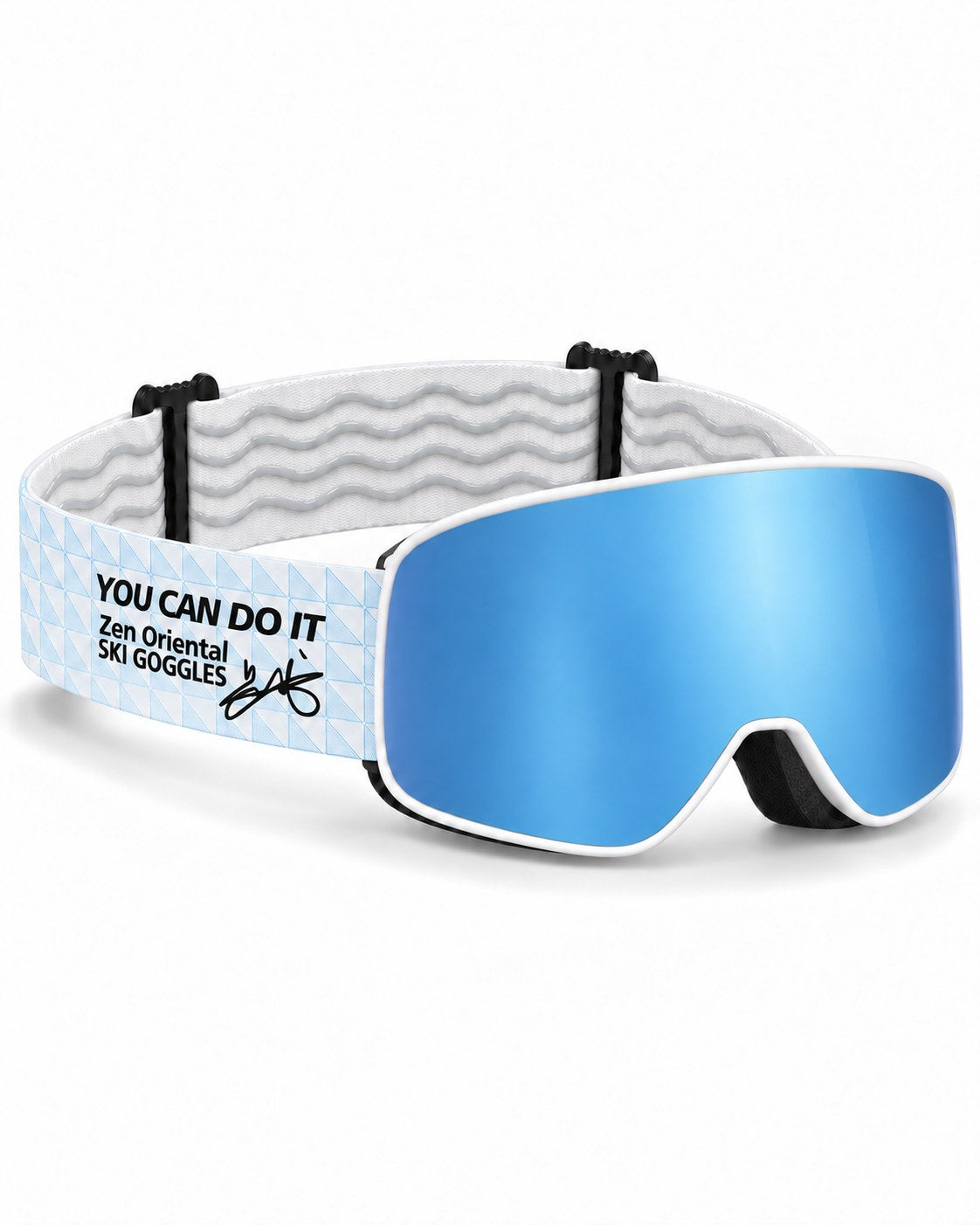 Ember | Snow Goggles | Cylindrical Lens, UV400 Protection | Skiing and Snowboarding-Blue Lens / White Frame / White Strap – opposite side view, studio – Snowgest