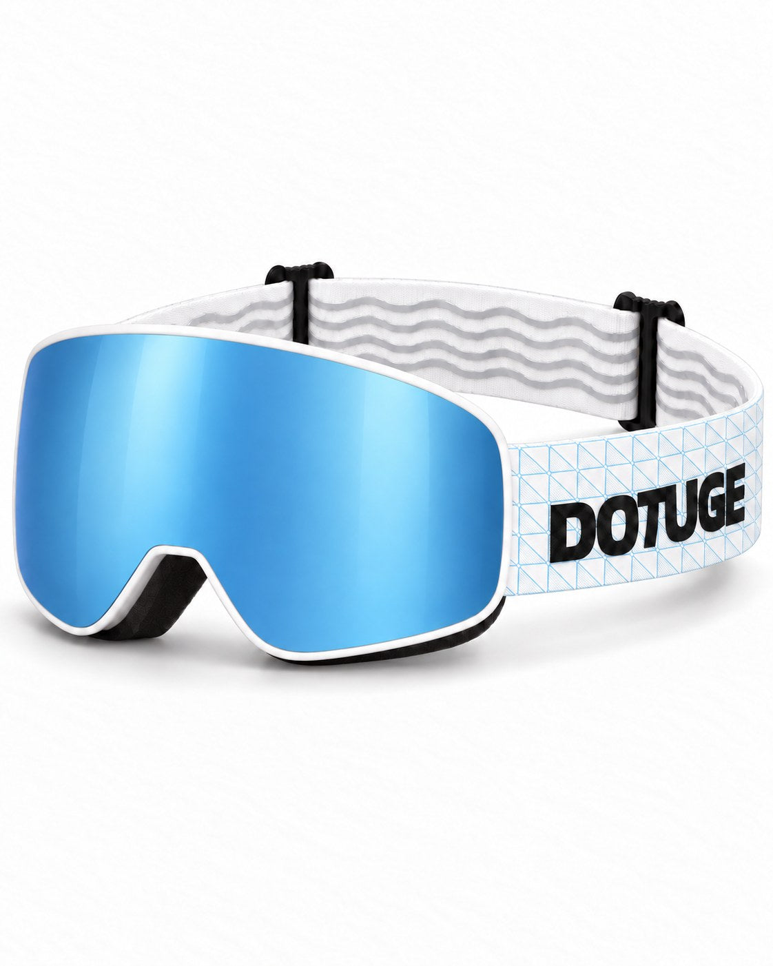 Ember | Snow Goggles | Cylindrical Lens, UV400 Protection | Skiing and Snowboarding-Blue Lens / White Frame / White Strap – three-quarter view, studio – Snowgest