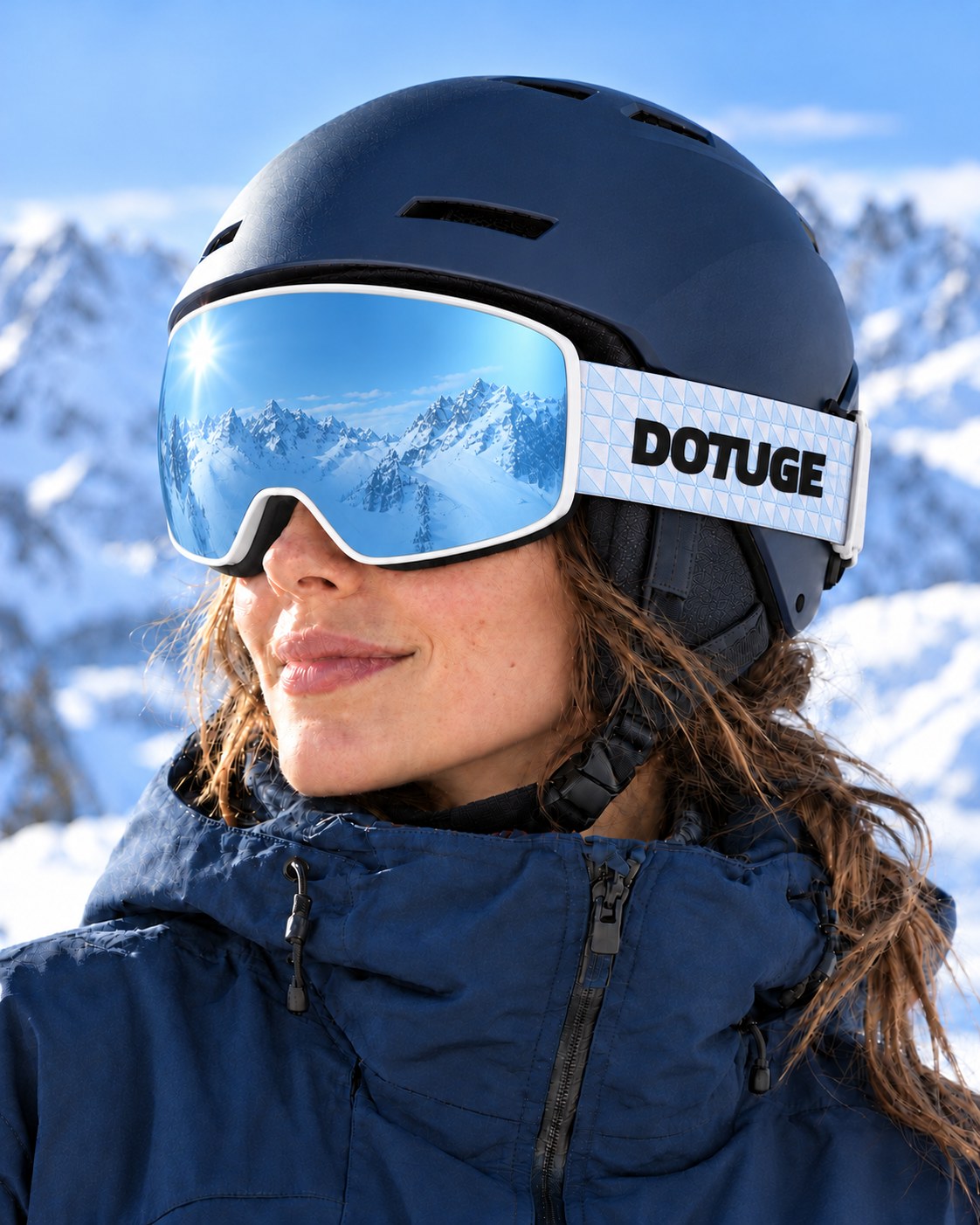 Ember | Snow Goggles | Cylindrical Lens, UV400 Protection | Skiing and Snowboarding-Blue Lens / White Frame / White Strap – worn with a ski helmet, close-up – Snowgest