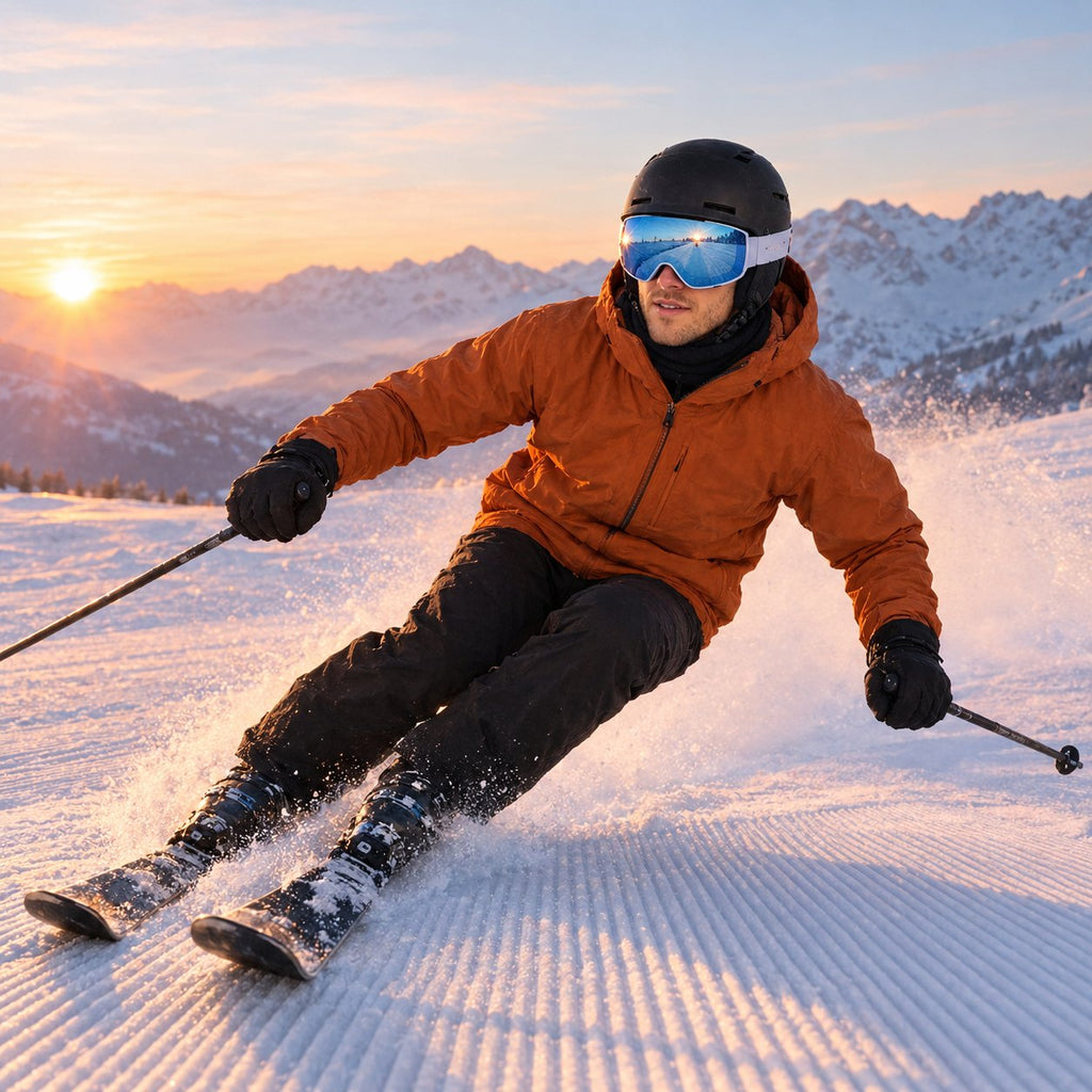 Ember ski goggles – on the mountain – sunrise carve | Snowgest