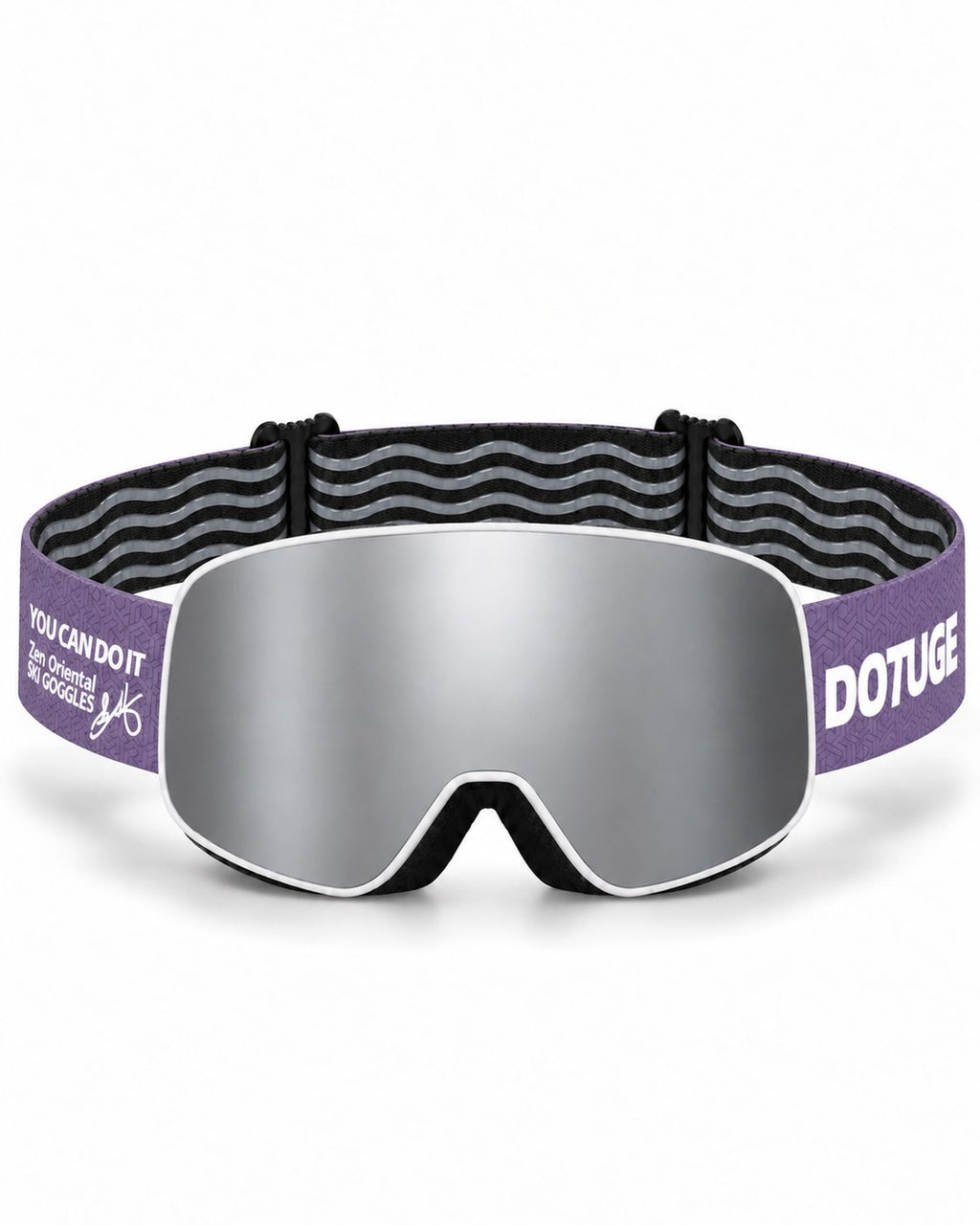 Frost 1 | Snow Goggles | Cylindrical Lens, UV400 Protection | Skiing and Snowboarding-Silver Lens / White Frame / Purple Strap – front view, studio – Snowgest