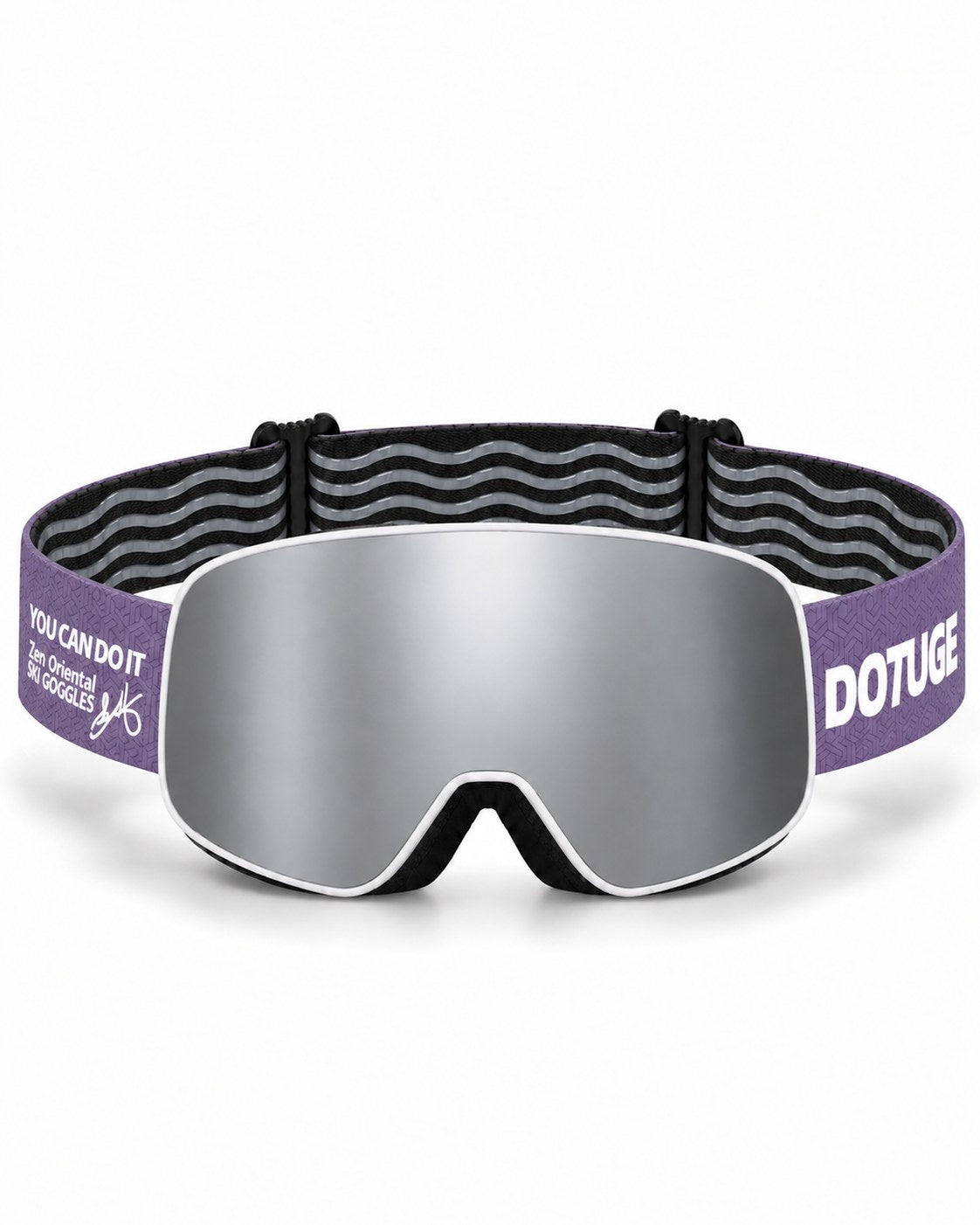 Frost 1 | Snow Goggles | Cylindrical Lens, UV400 Protection | Skiing and Snowboarding-Silver Lens / White Frame / Purple Strap – front view, studio – Snowgest