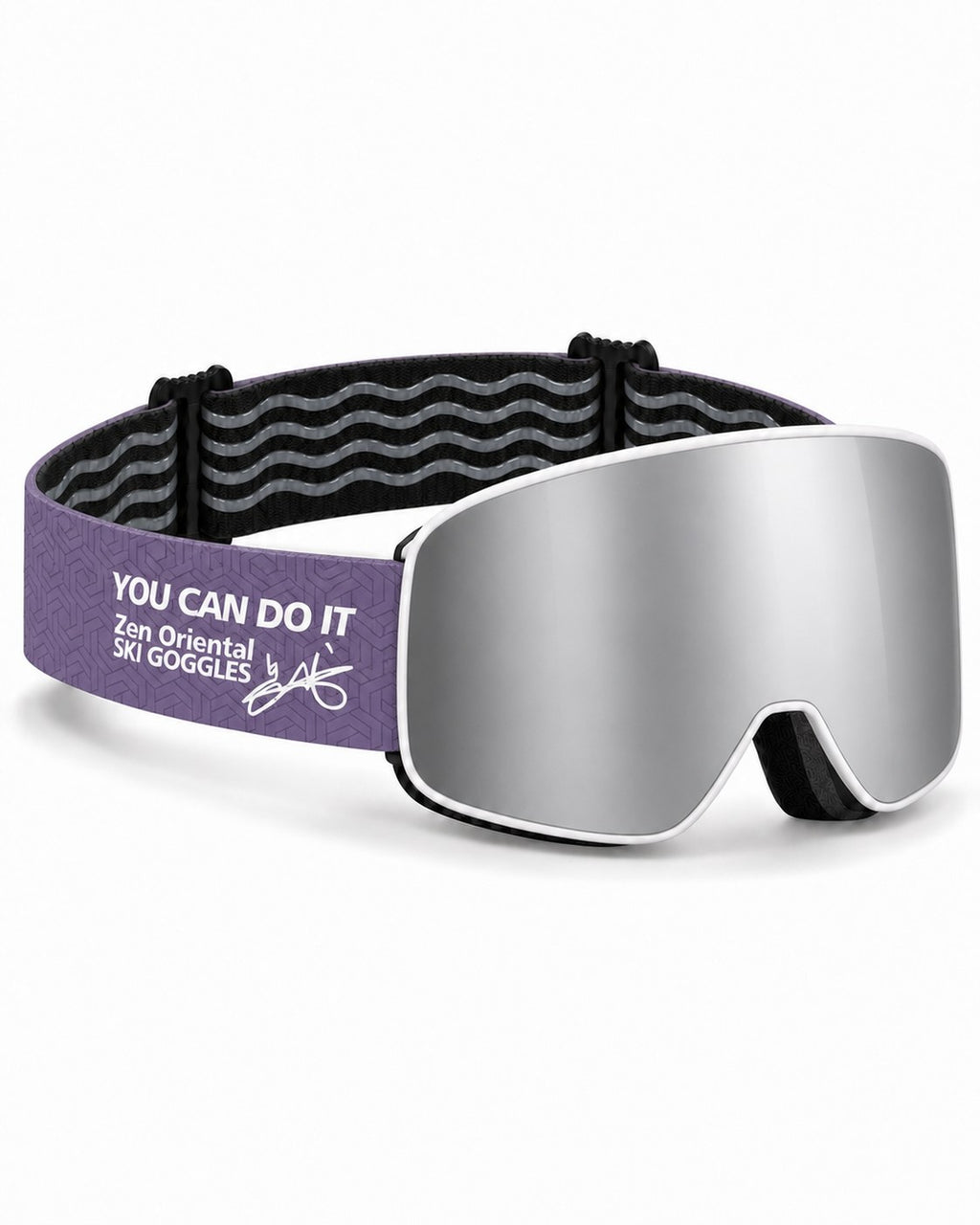 Frost 1 | Snow Goggles | Cylindrical Lens, UV400 Protection | Skiing and Snowboarding-Silver Lens / White Frame / Purple Strap – opposite side view, studio – Snowgest
