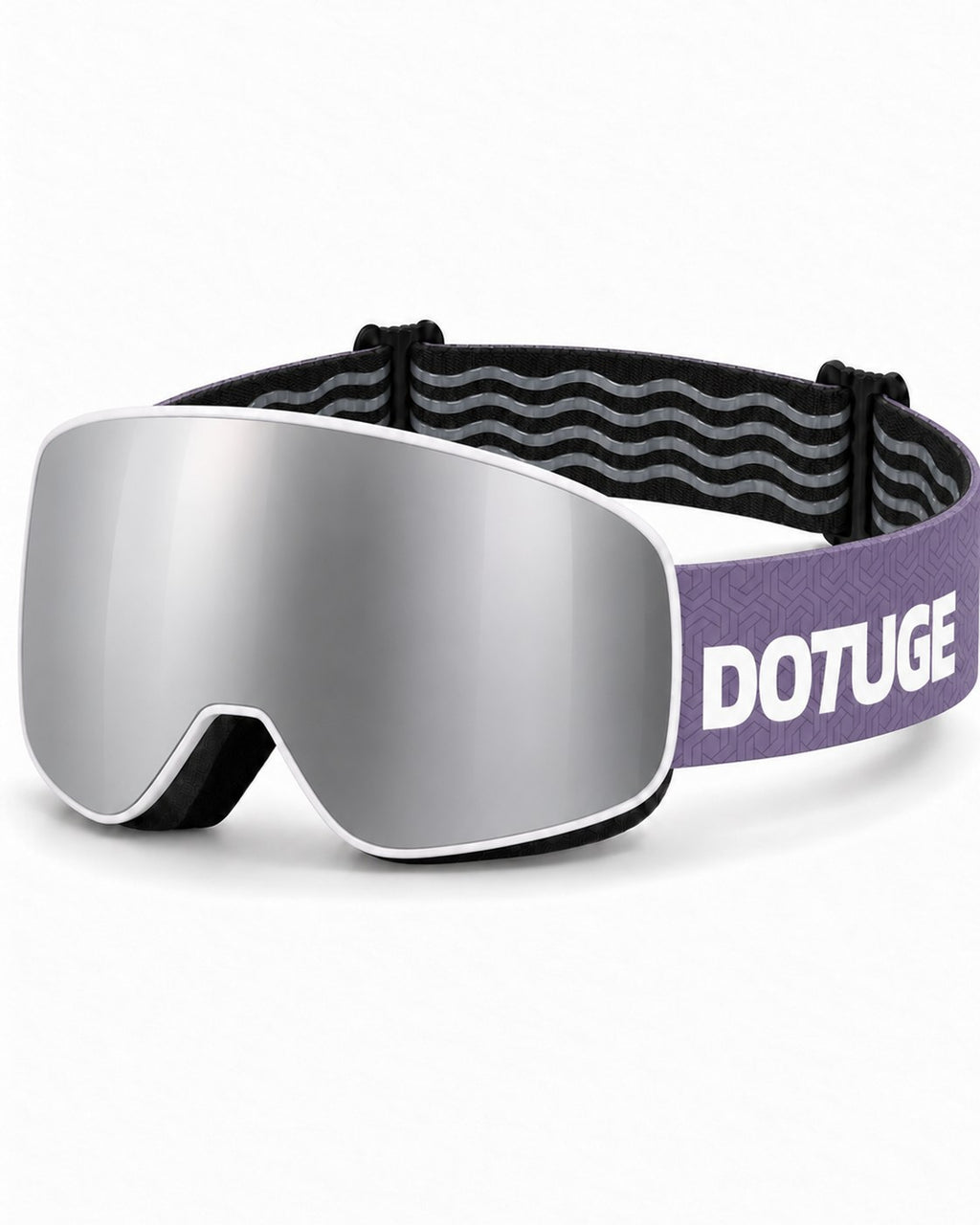 Frost 1 | Snow Goggles | Cylindrical Lens, UV400 Protection | Skiing and Snowboarding-Silver Lens / White Frame / Purple Strap – three-quarter view, studio – Snowgest