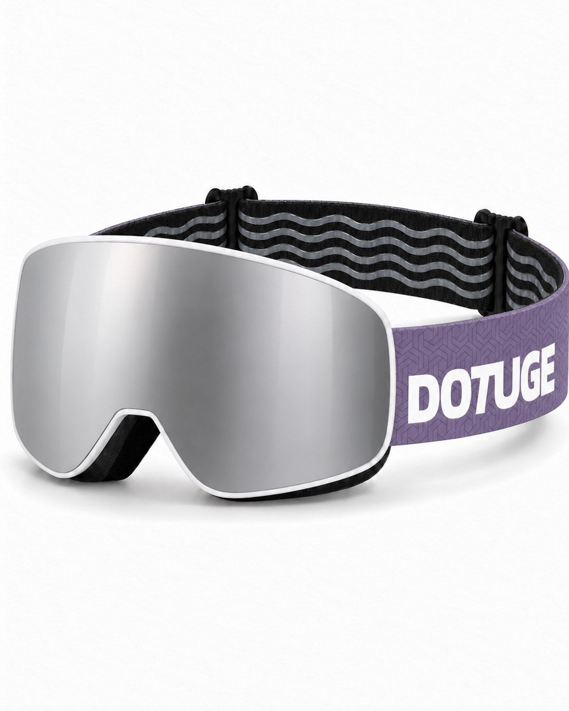 Frost 1 | Snow Goggles | Cylindrical Lens, UV400 Protection | Skiing and Snowboarding-Silver Lens / White Frame / Purple Strap – three-quarter view, studio – Snowgest