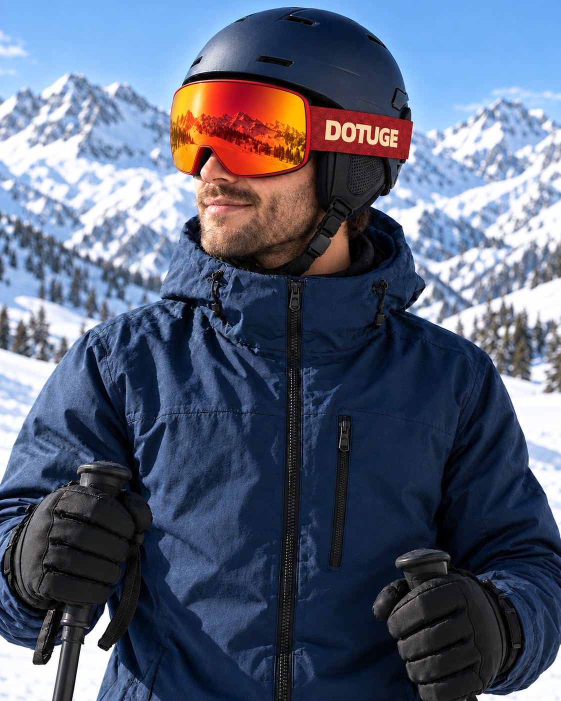 Frost 2 | Snow Goggles | Photochromic Cylindrical Lens, UV400 Protection | Skiing and Snowboarding-Red Lens / Red Frame / Red Strap – worn by a skier on the slopes – Snowgest