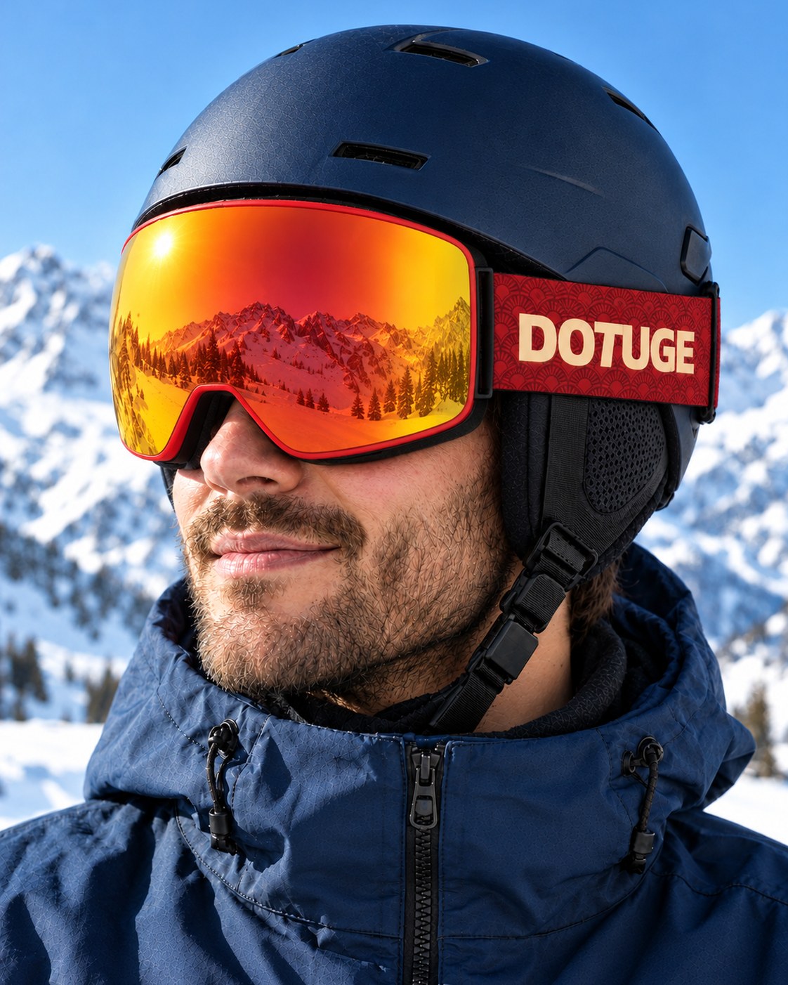 Frost 2 | Snow Goggles | Photochromic Cylindrical Lens, UV400 Protection | Skiing and Snowboarding-Red Lens / Red Frame / Red Strap – worn with a ski helmet, close-up – Snowgest