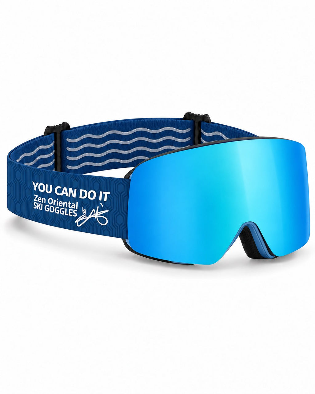Glacier 1 | Snow Goggles | Cylindrical Lens, UV400 Protection | Skiing and Snowboarding-Ice Blue Lens / Blue Frame / Blue Strap – opposite side view, studio – Snowgest