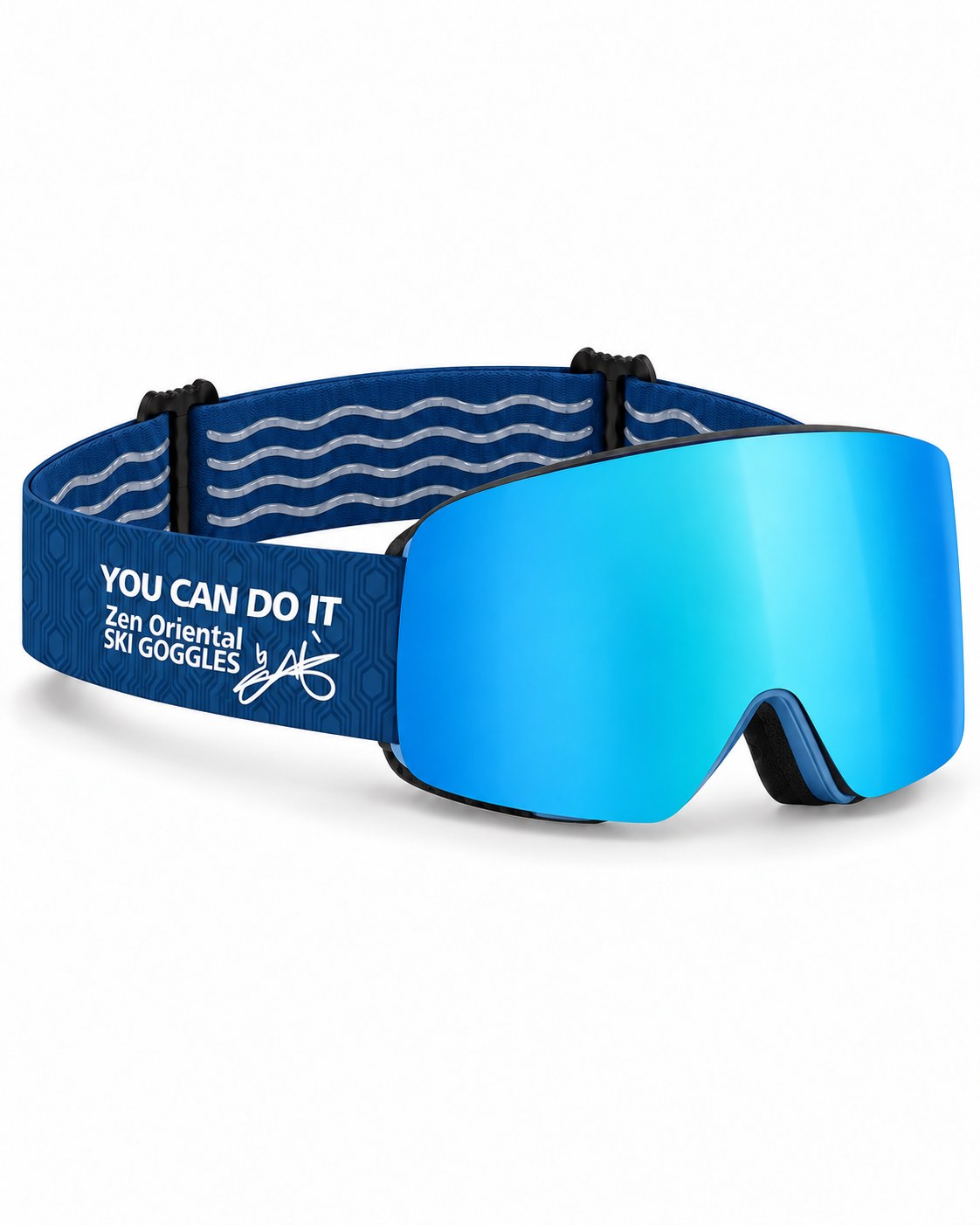 Glacier 1 | Snow Goggles | Cylindrical Lens, UV400 Protection | Skiing and Snowboarding-Ice Blue Lens / Blue Frame / Blue Strap – opposite side view, studio – Snowgest