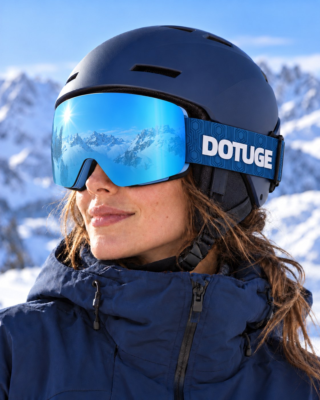 Glacier 1 | Snow Goggles | Cylindrical Lens, UV400 Protection | Skiing and Snowboarding-Ice Blue Lens / Blue Frame / Blue Strap – worn with a ski helmet, close-up – Snowgest