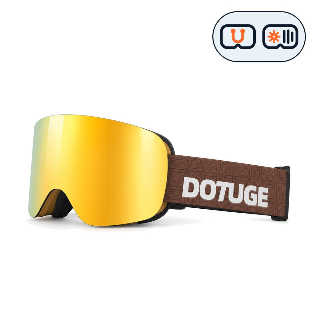 Glacier 2 | Snow Goggles | Photochromic Cylindrical Lens, UV400 Protection | Skiing and Snowboarding-Gold Lens / Brown Frame / Brown Strap-Snowgest