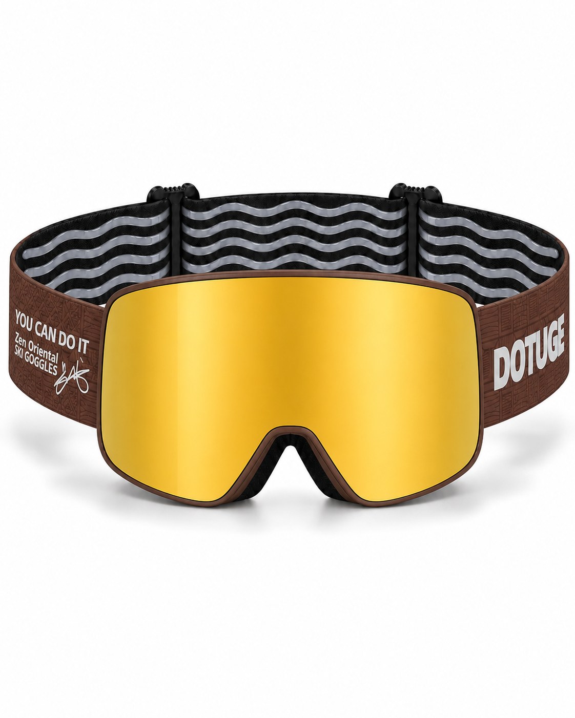 Glacier 2 | Snow Goggles | Photochromic Cylindrical Lens, UV400 Protection | Skiing and Snowboarding-Gold Lens / Brown Frame / Brown Strap – front view, studio – Snowgest