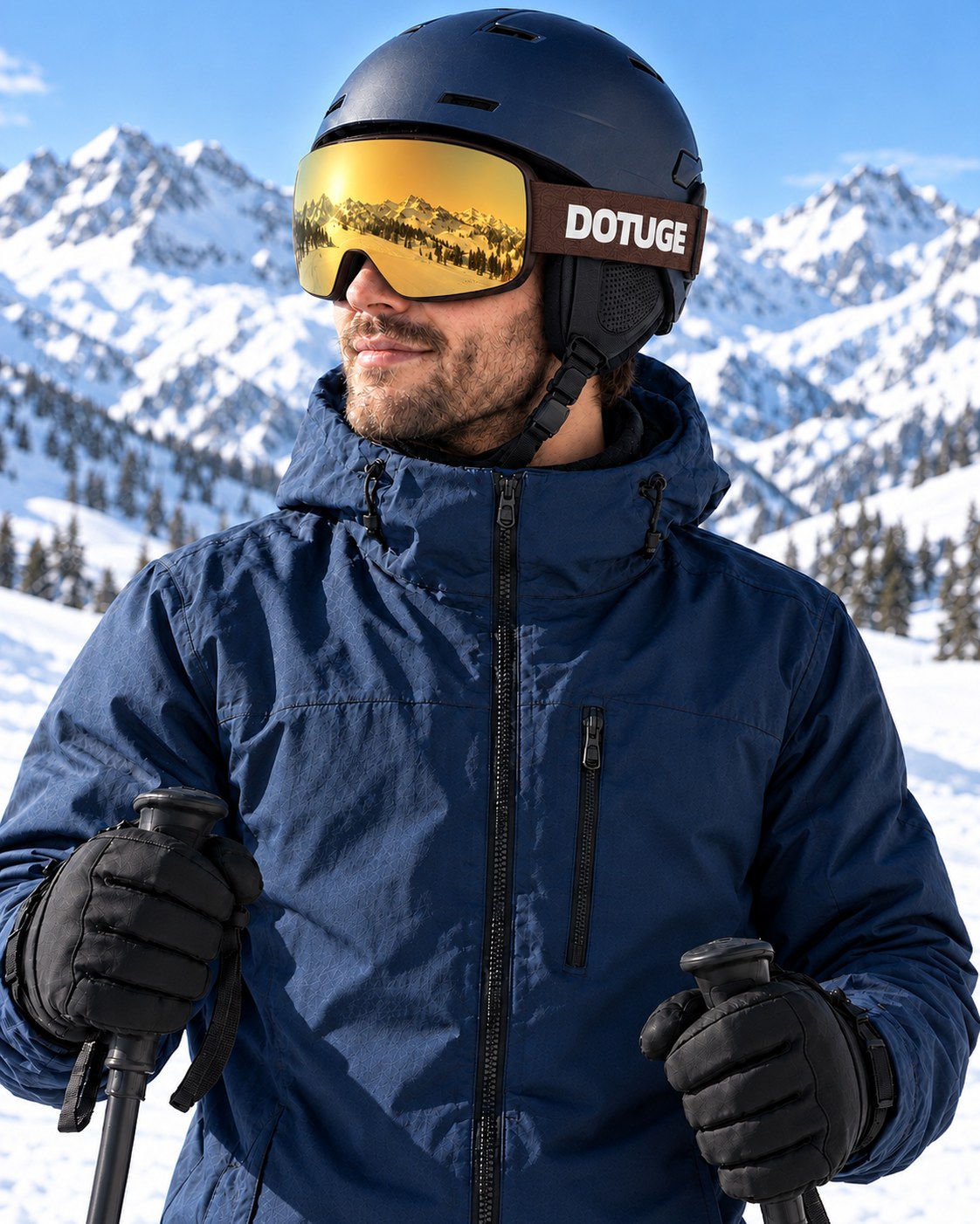 Glacier 2 | Snow Goggles | Photochromic Cylindrical Lens, UV400 Protection | Skiing and Snowboarding-Gold Lens / Brown Frame / Brown Strap – worn by a skier on the slopes – Snowgest