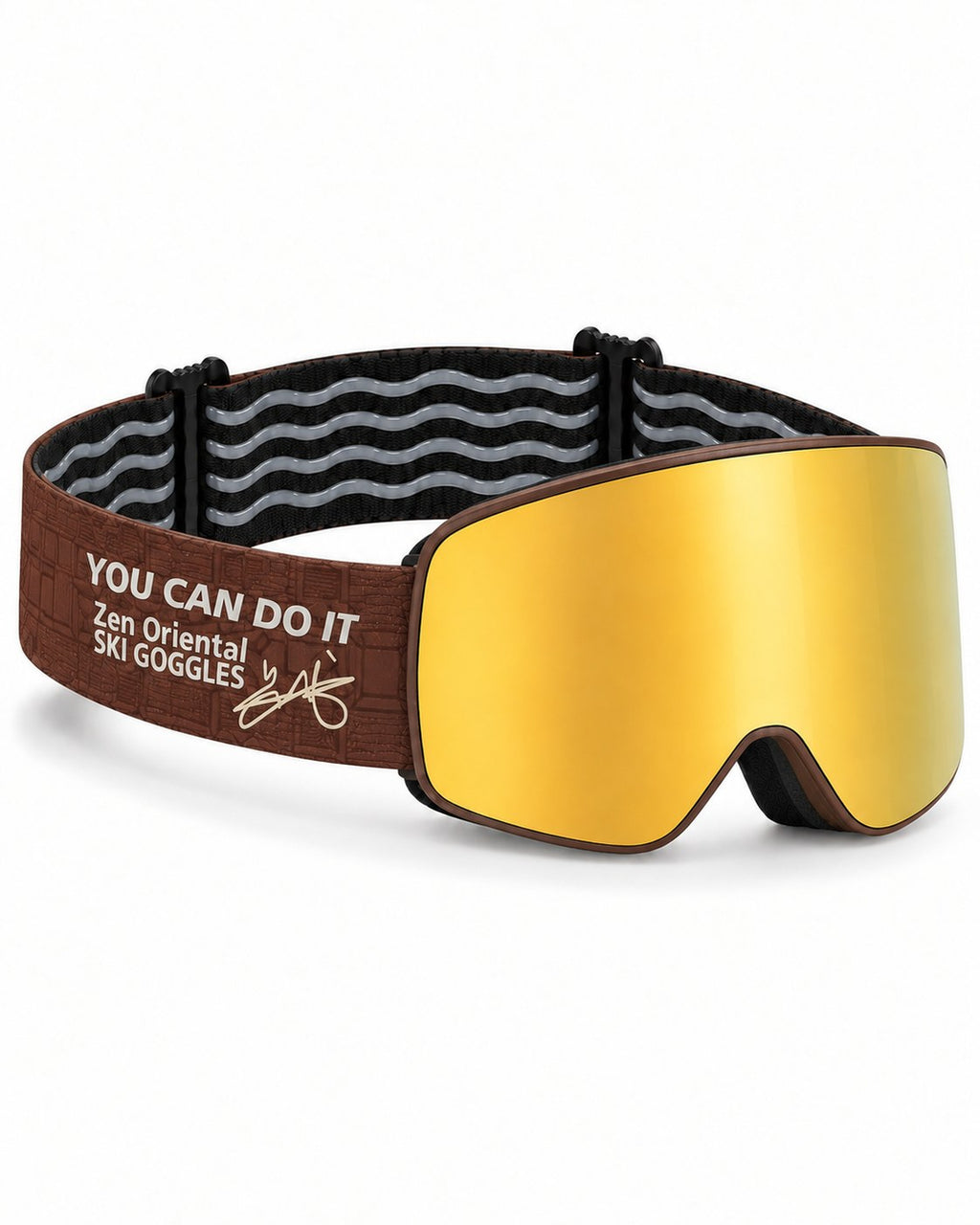 Glacier 2 | Snow Goggles | Photochromic Cylindrical Lens, UV400 Protection | Skiing and Snowboarding-Gold Lens / Brown Frame / Brown Strap – opposite side view, studio – Snowgest