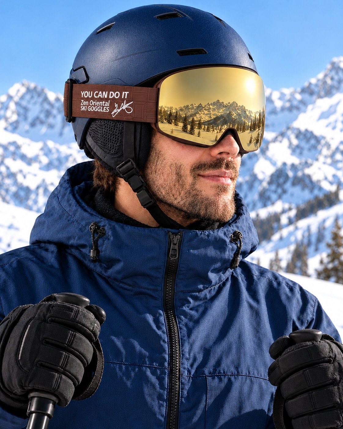 Glacier 2 | Snow Goggles | Photochromic Cylindrical Lens, UV400 Protection | Skiing and Snowboarding-Gold Lens / Brown Frame / Brown Strap – side view worn by a skier – Snowgest