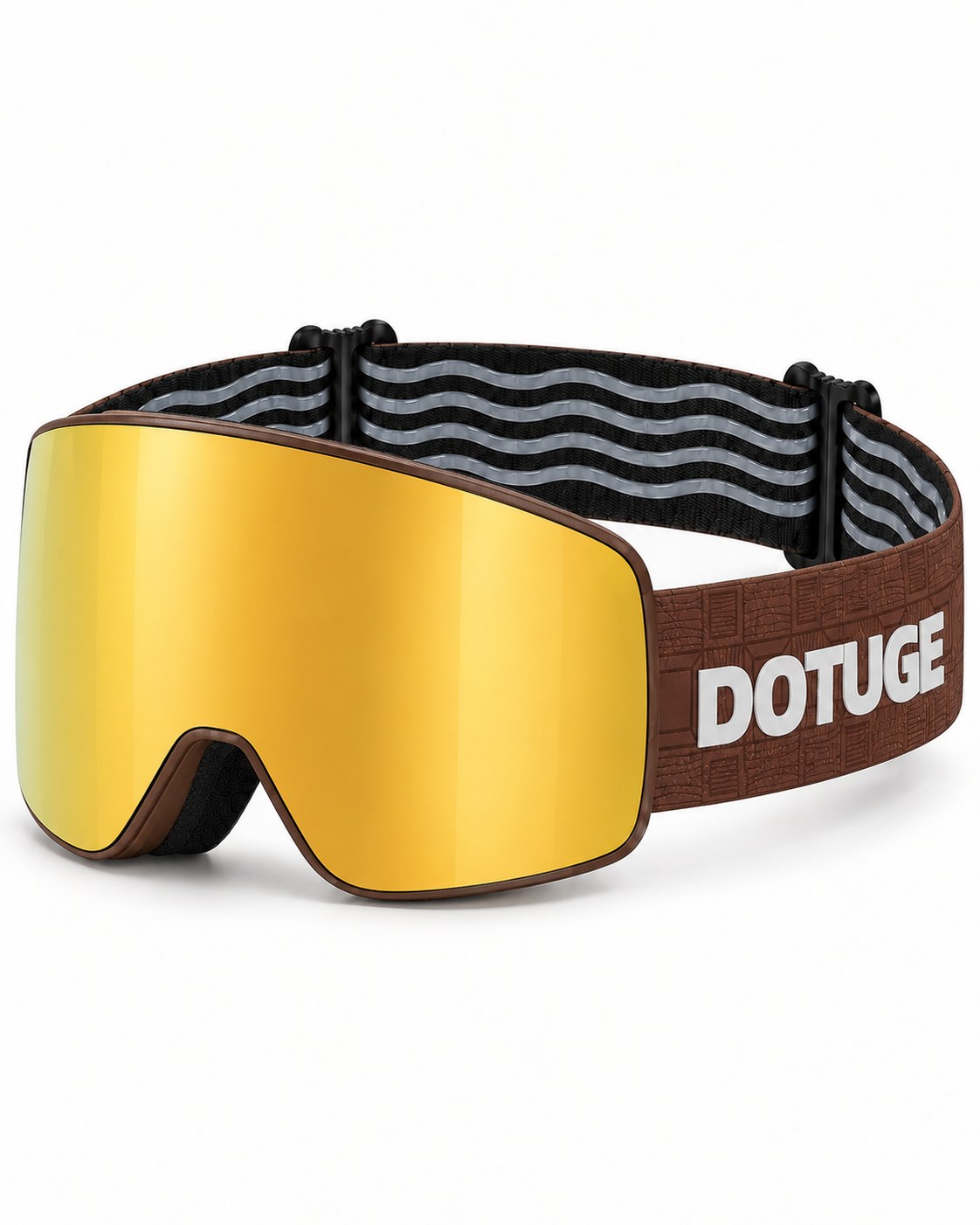 Glacier 2 | Snow Goggles | Photochromic Cylindrical Lens, UV400 Protection | Skiing and Snowboarding-Gold Lens / Brown Frame / Brown Strap – three-quarter view, studio – Snowgest