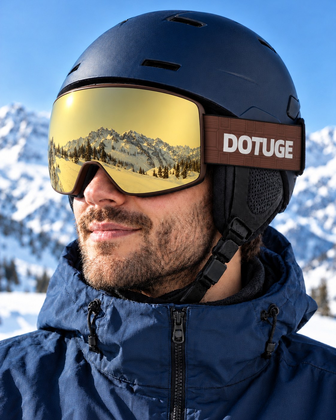 Glacier 2 | Snow Goggles | Photochromic Cylindrical Lens, UV400 Protection | Skiing and Snowboarding-Gold Lens / Brown Frame / Brown Strap – worn with a ski helmet, close-up – Snowgest