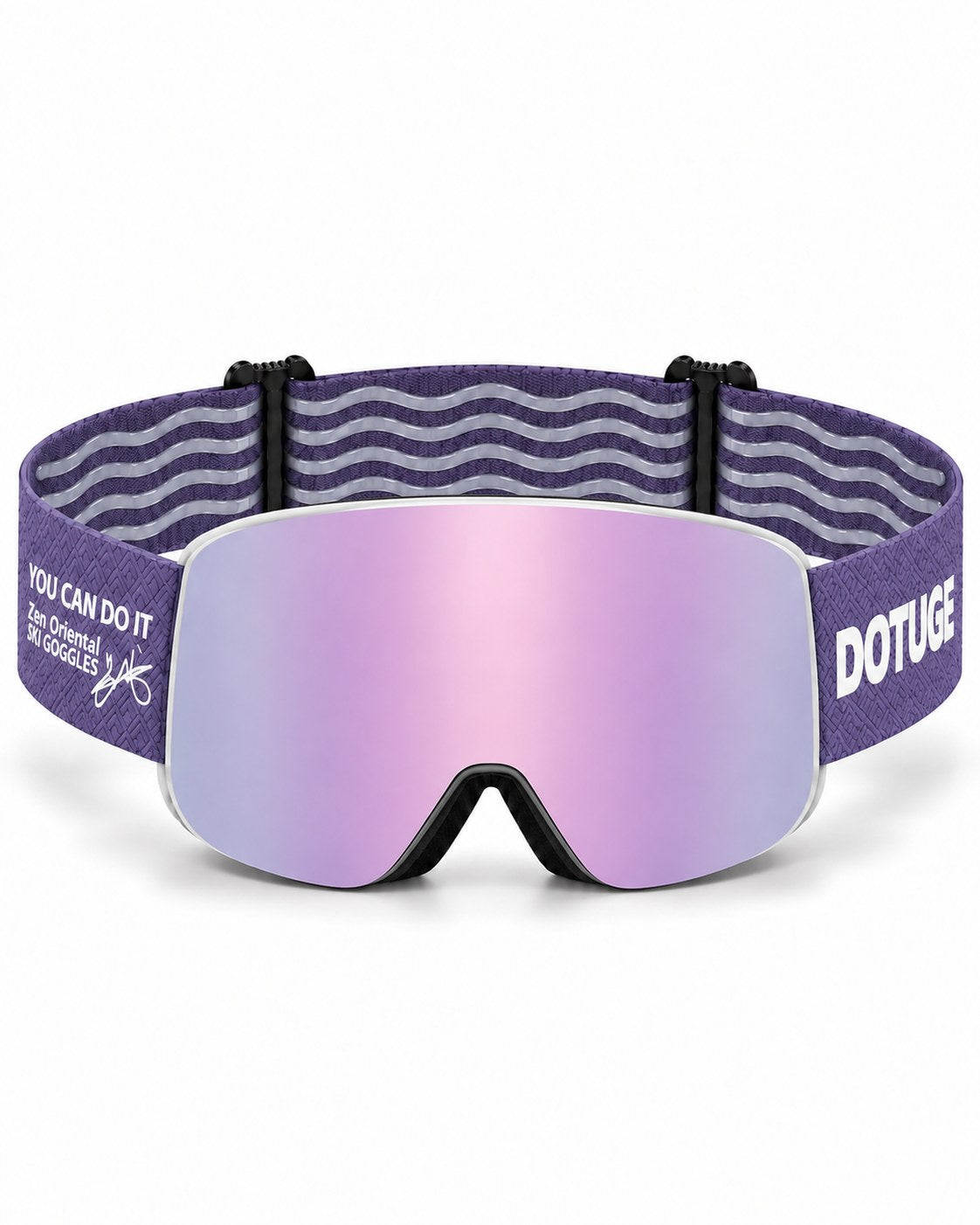 Glacier 3 | Snow Goggles | Cylindrical Lens, UV400 Protection | Skiing and Snowboarding-Purple Lens / White Frame / Purple Strap – front view, studio – Snowgest