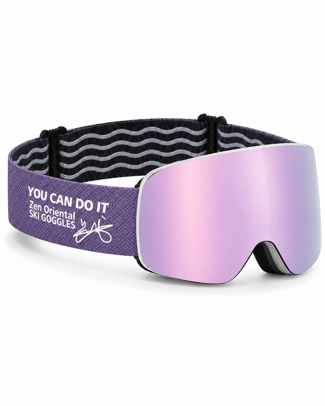 Glacier 3 | Snow Goggles | Cylindrical Lens, UV400 Protection | Skiing and Snowboarding-Purple Lens / White Frame / Purple Strap – opposite side view, studio – Snowgest