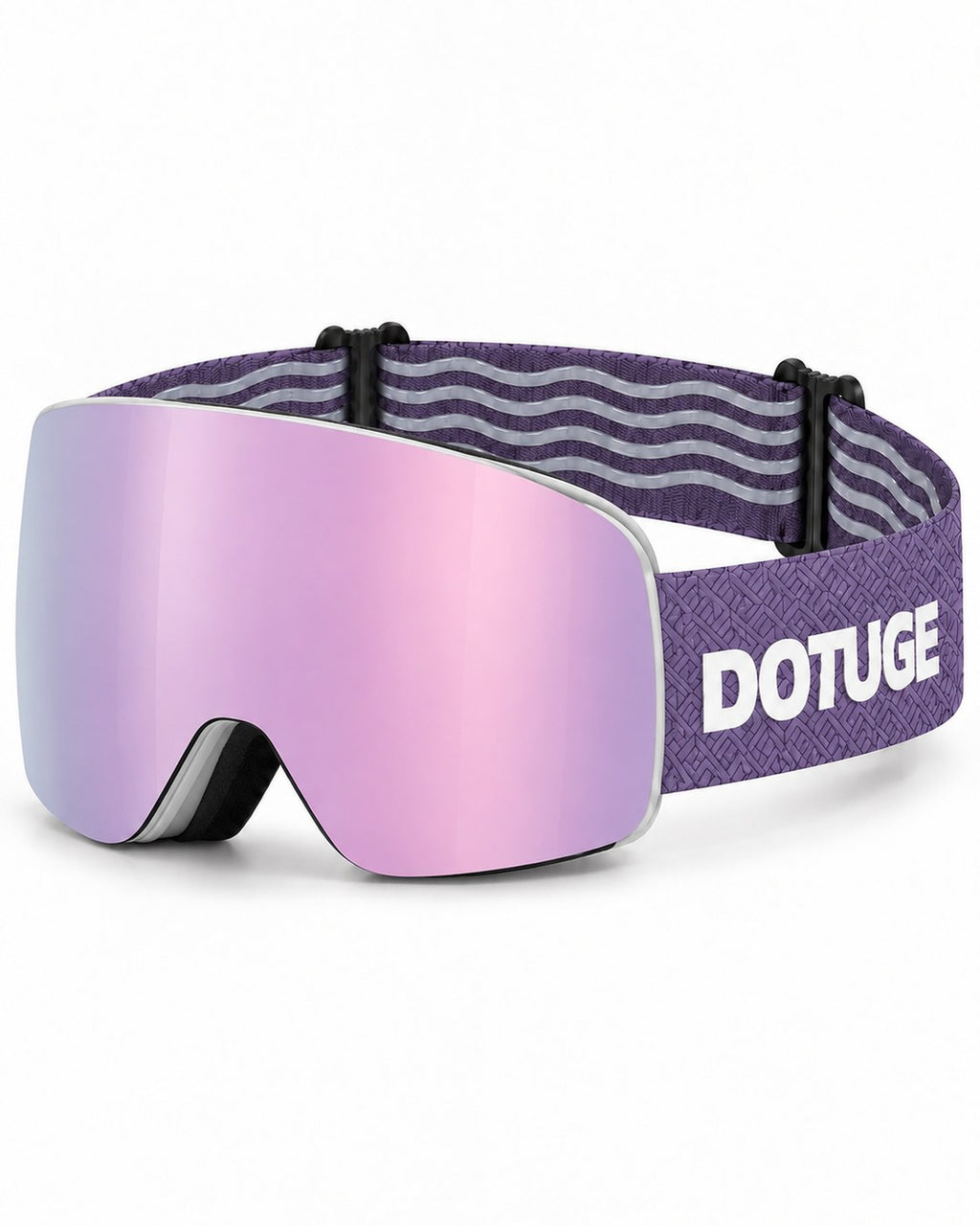 Glacier 3 | Snow Goggles | Cylindrical Lens, UV400 Protection | Skiing and Snowboarding-Purple Lens / White Frame / Purple Strap – three-quarter view, studio – Snowgest