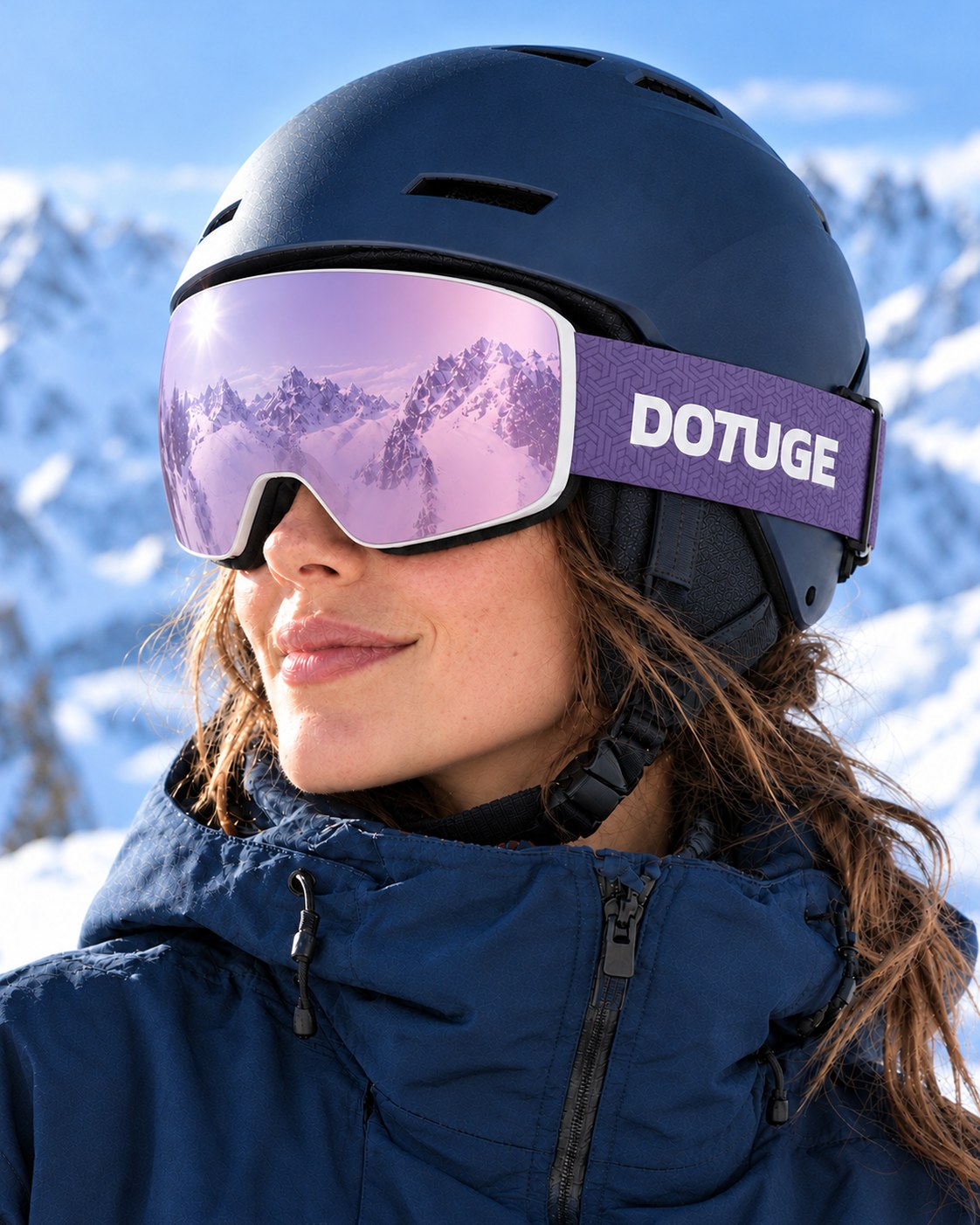 Glacier 3 | Snow Goggles | Cylindrical Lens, UV400 Protection | Skiing and Snowboarding-Purple Lens / White Frame / Purple Strap – worn with a ski helmet, close-up – Snowgest