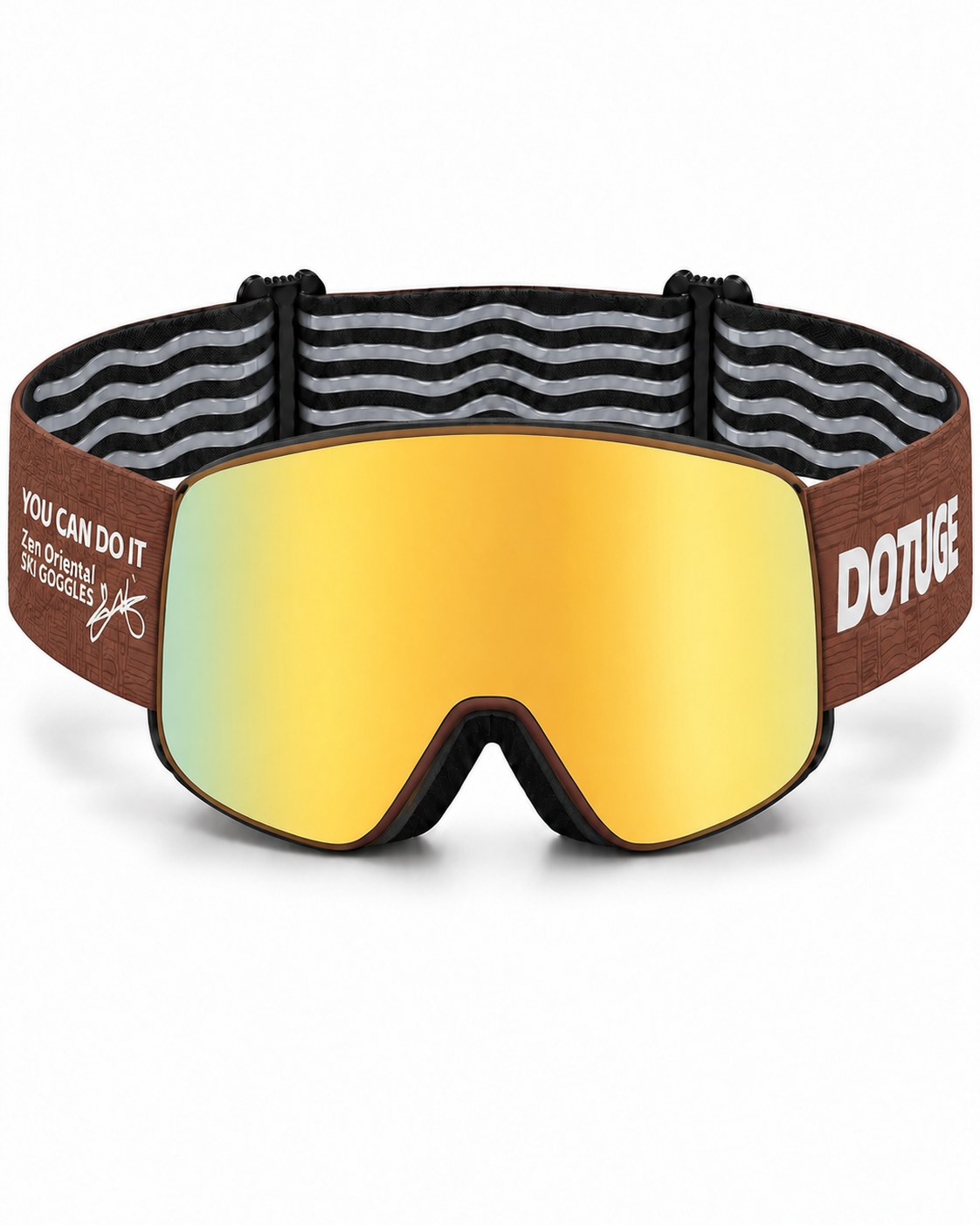 Glacier 4 | Snow Goggles | Photochromic Cylindrical Lens, UV400 Protection | Skiing and Snowboarding-Gold Lens / Brown Frame / Brown Strap – front view, studio – Snowgest