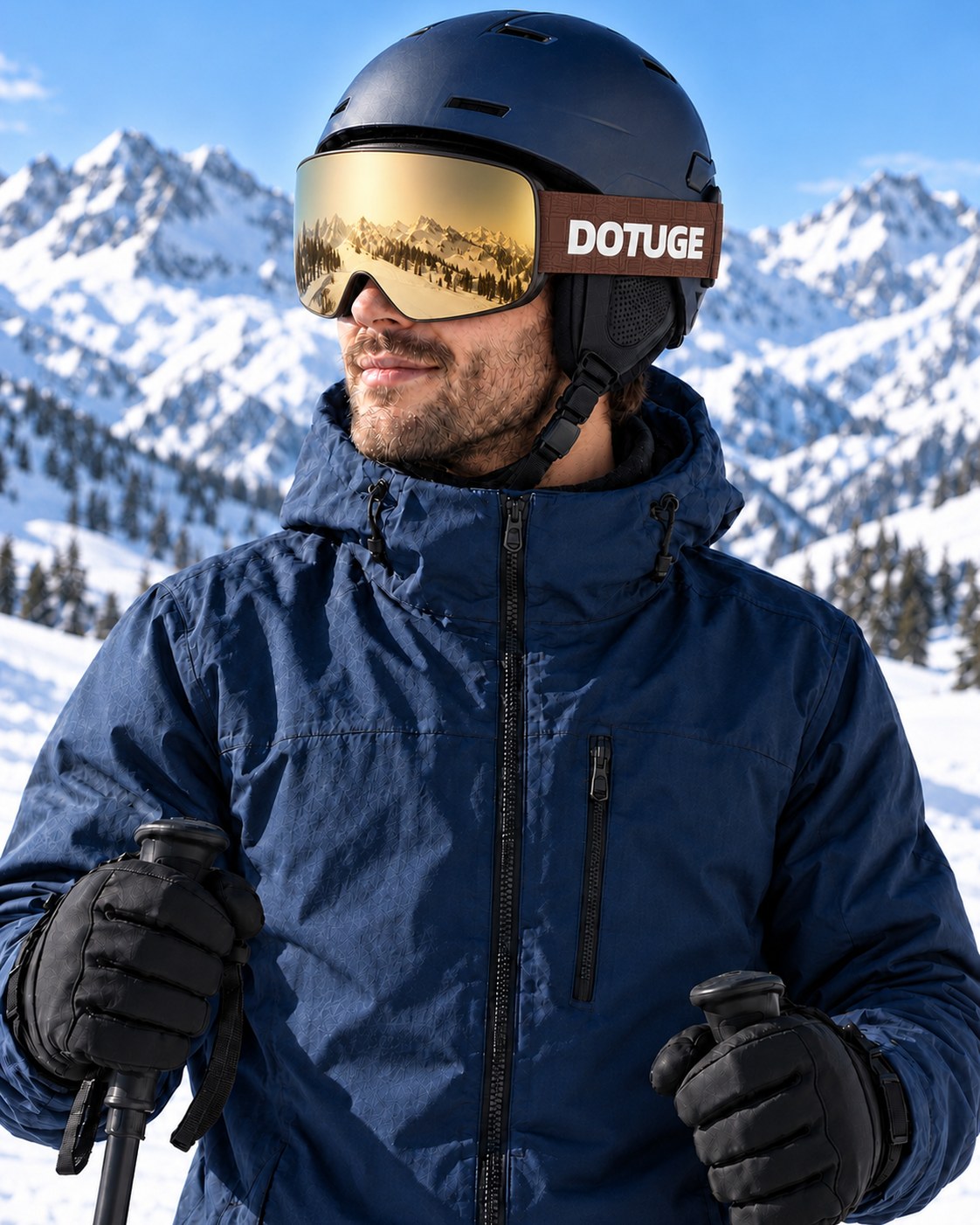 Glacier 4 | Snow Goggles | Photochromic Cylindrical Lens, UV400 Protection | Skiing and Snowboarding-Gold Lens / Brown Frame / Brown Strap – worn by a skier on the slopes – Snowgest