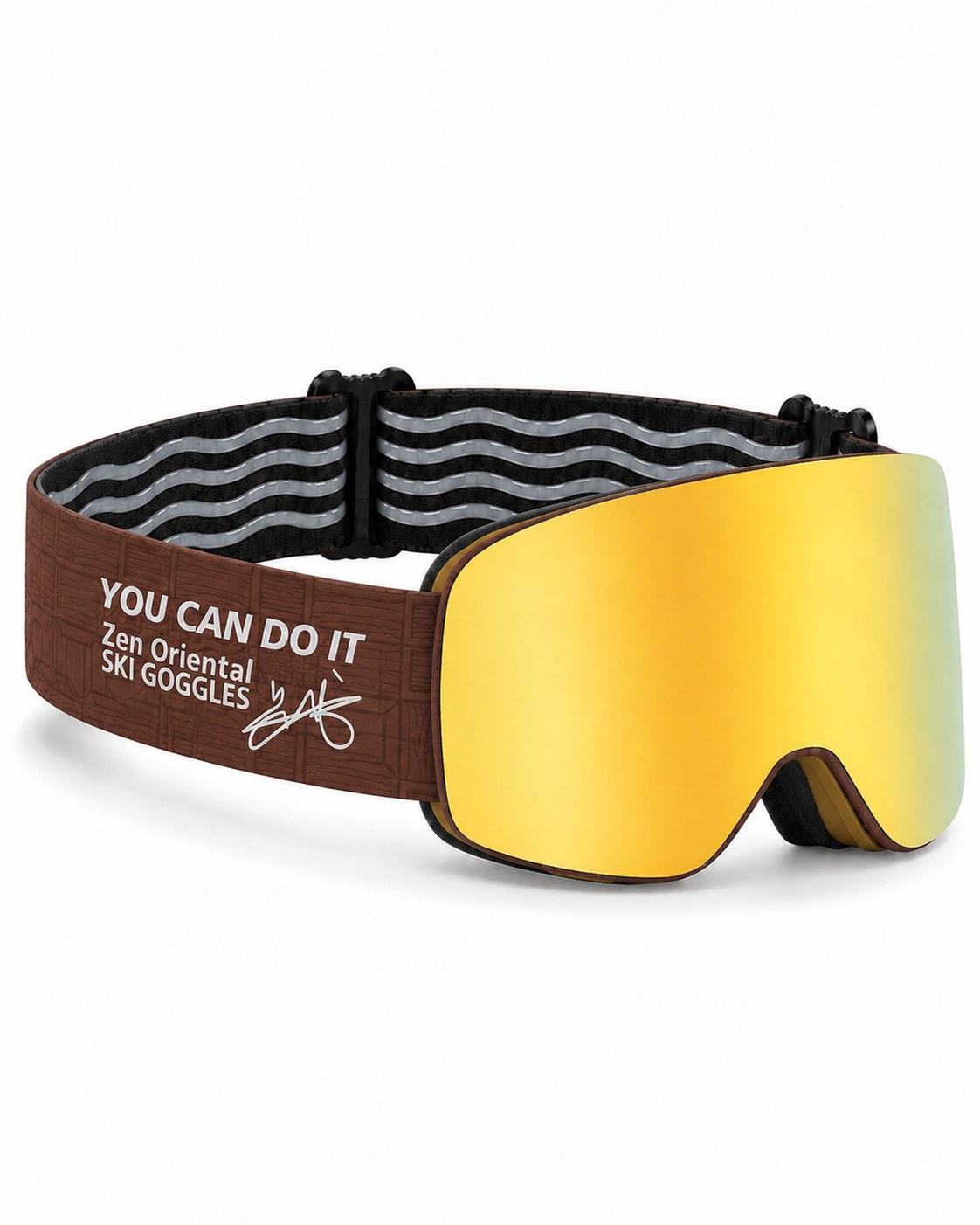 Glacier 4 | Snow Goggles | Photochromic Cylindrical Lens, UV400 Protection | Skiing and Snowboarding-Gold Lens / Brown Frame / Brown Strap – opposite side view, studio – Snowgest