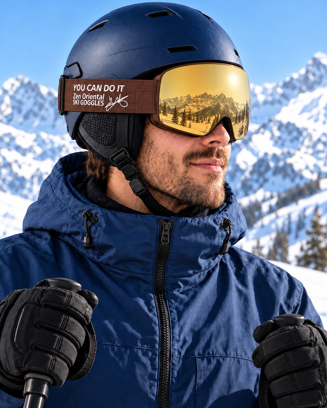 Glacier 4 | Snow Goggles | Photochromic Cylindrical Lens, UV400 Protection | Skiing and Snowboarding-Gold Lens / Brown Frame / Brown Strap – side view worn by a skier – Snowgest