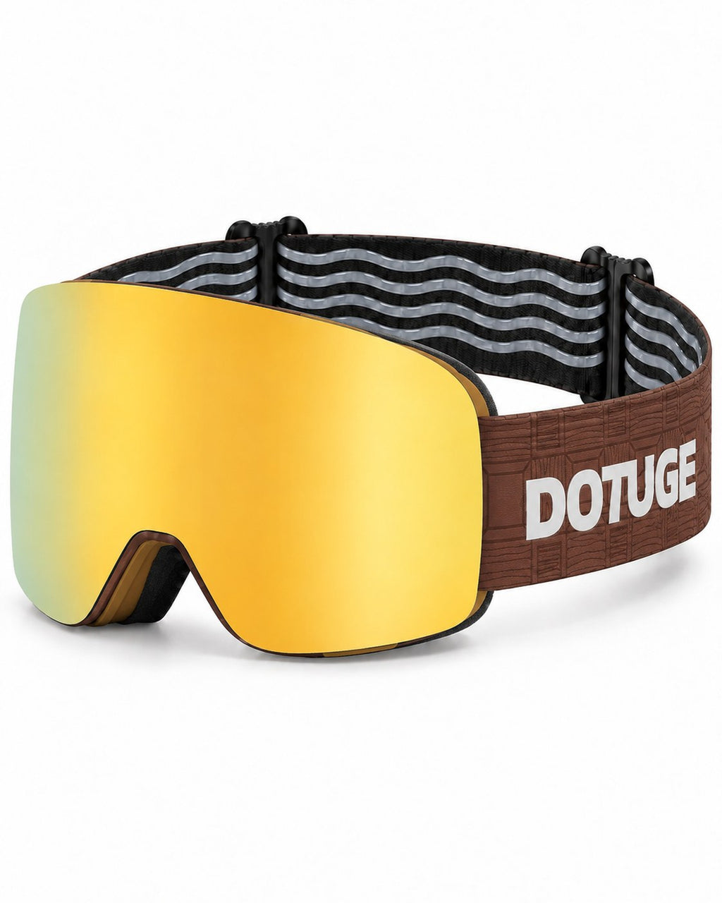 Glacier 4 | Snow Goggles | Photochromic Cylindrical Lens, UV400 Protection | Skiing and Snowboarding-Gold Lens / Brown Frame / Brown Strap – three-quarter view, studio – Snowgest