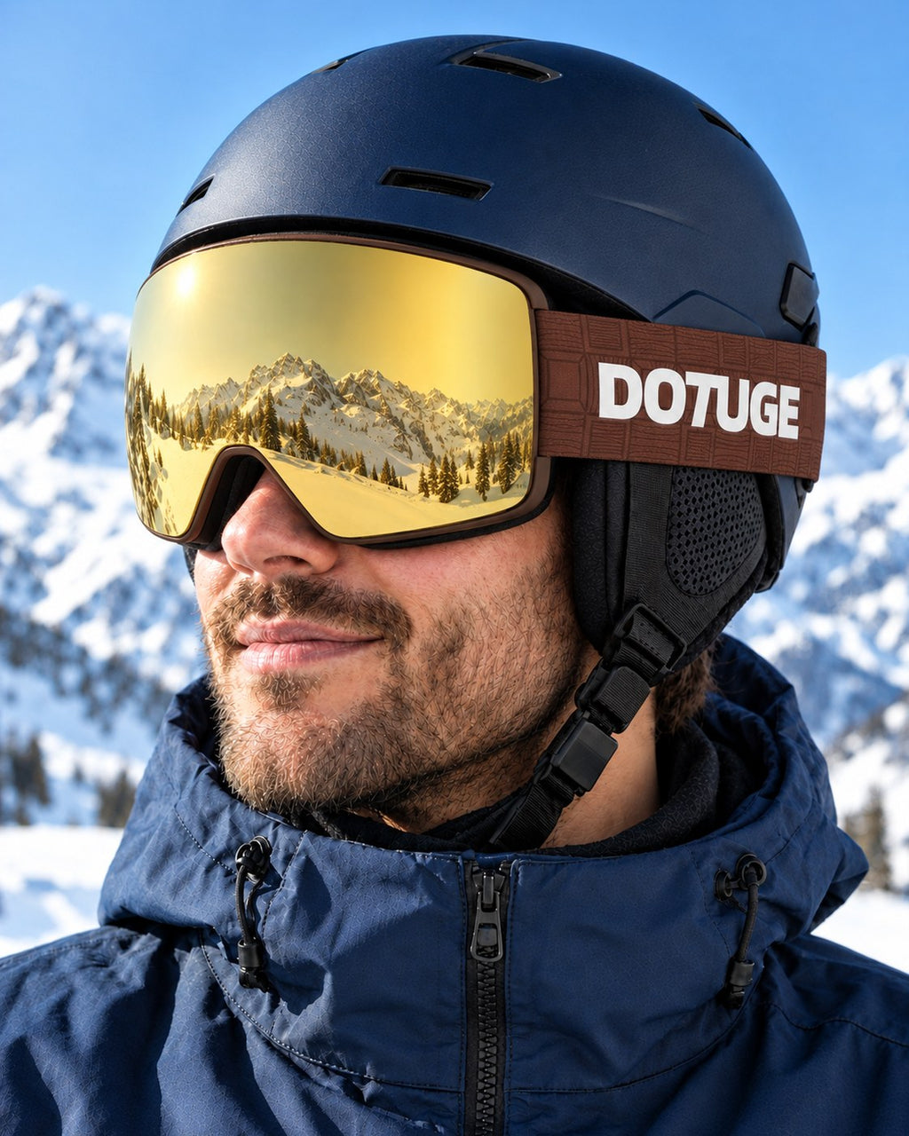 Glacier 4 | Snow Goggles | Photochromic Cylindrical Lens, UV400 Protection | Skiing and Snowboarding-Gold Lens / Brown Frame / Brown Strap – worn with a ski helmet, close-up – Snowgest