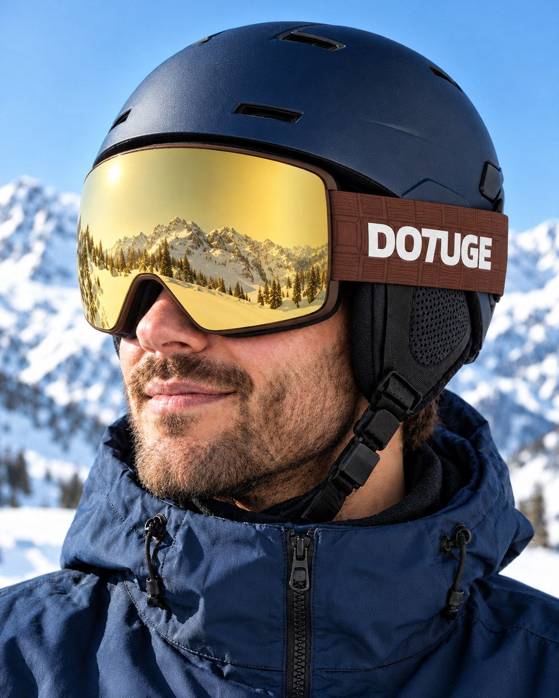 Glacier 4 | Snow Goggles | Photochromic Cylindrical Lens, UV400 Protection | Skiing and Snowboarding-Gold Lens / Brown Frame / Brown Strap – worn with a ski helmet, close-up – Snowgest