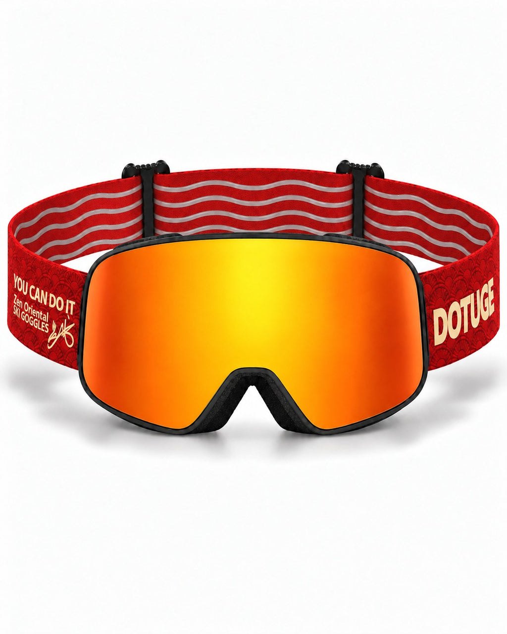 Halo 1 | Snow Goggles | Cylindrical Flip Cover Lens, UV400 Protection | Skiing and Snowboarding-Orange Lens / Black Frame / Red Strap – front view, studio – Snowgest