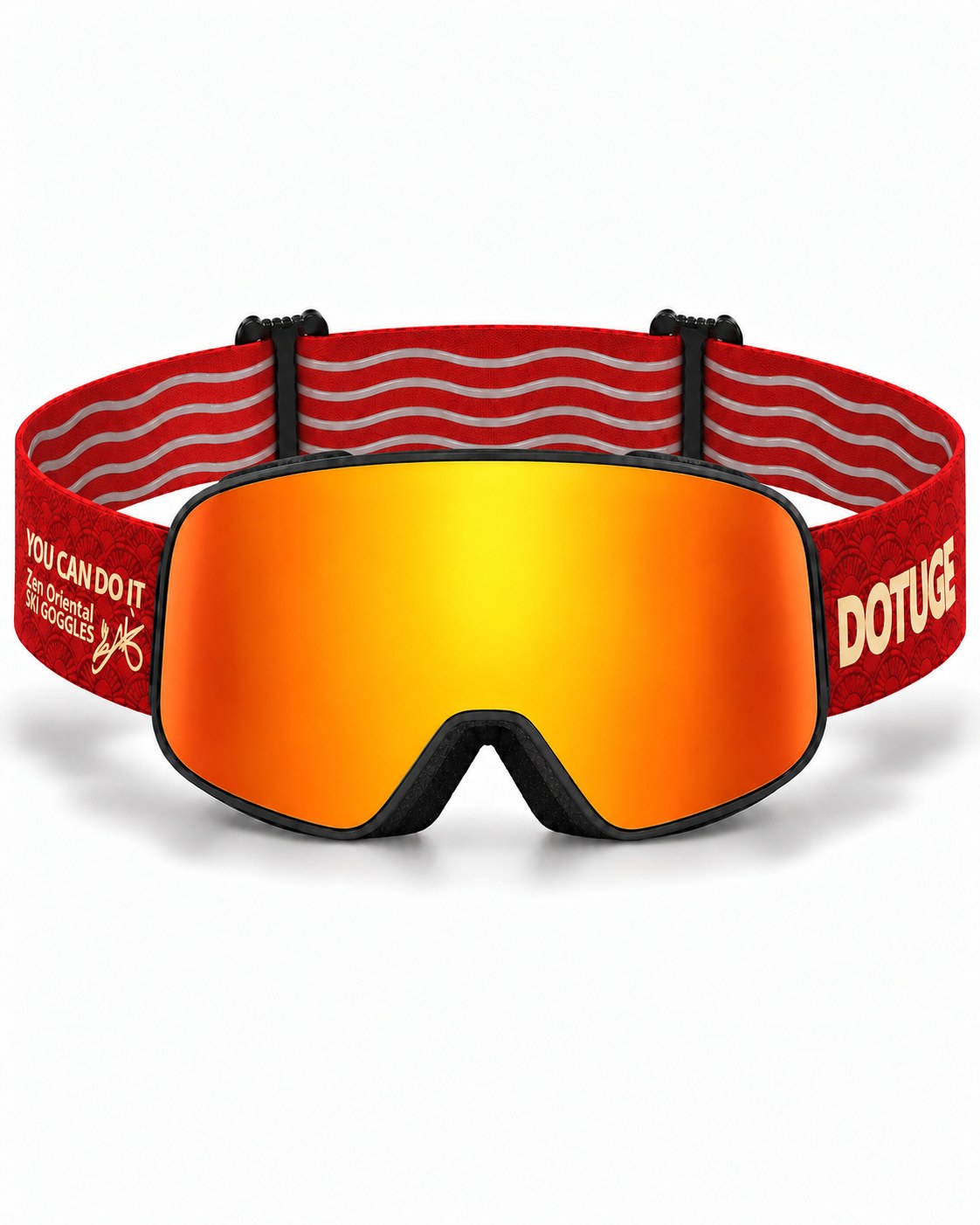 Halo 1 | Snow Goggles | Cylindrical Flip Cover Lens, UV400 Protection | Skiing and Snowboarding-Orange Lens / Black Frame / Red Strap – front view, studio – Snowgest