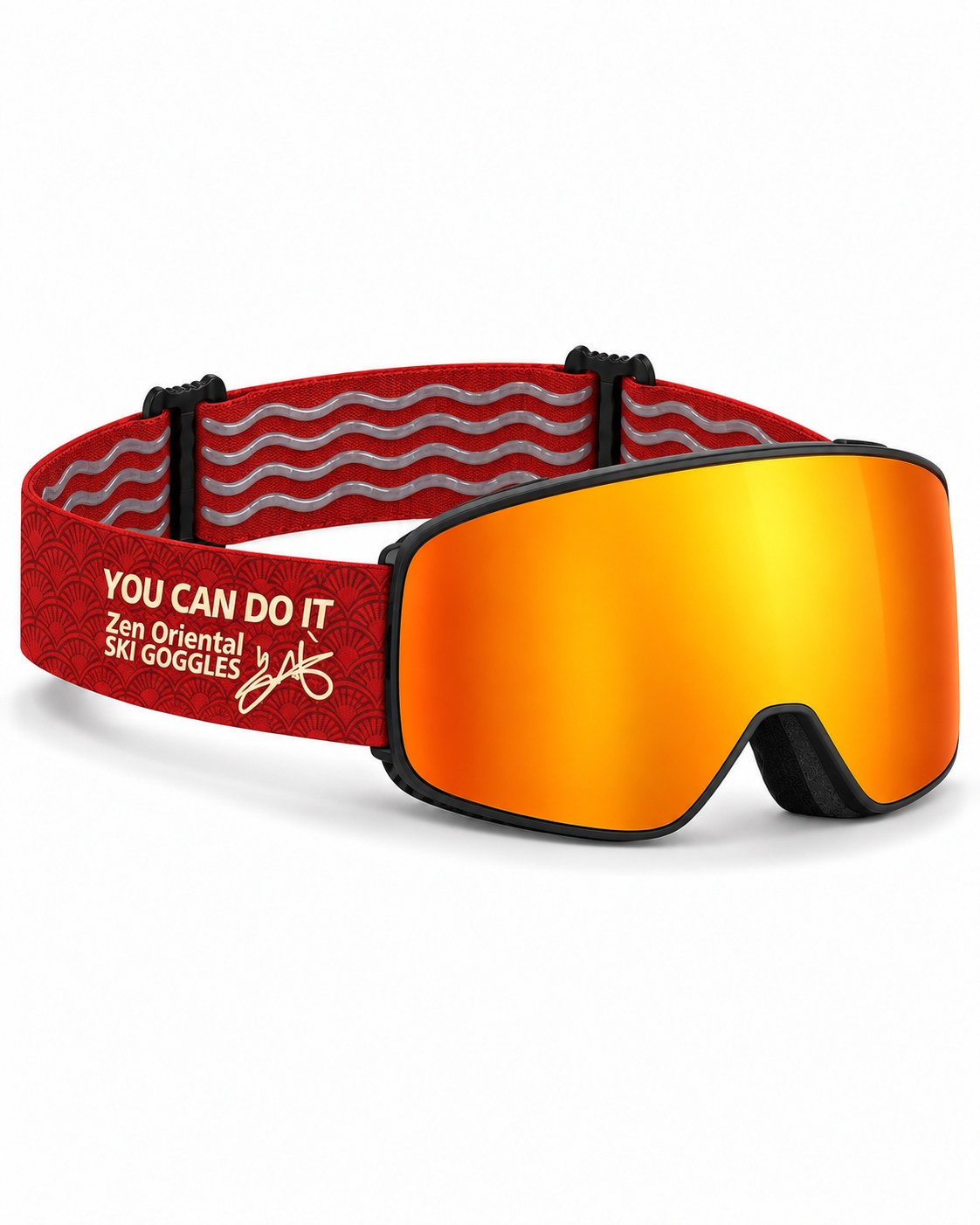 Halo 1 | Snow Goggles | Cylindrical Flip Cover Lens, UV400 Protection | Skiing and Snowboarding-Orange Lens / Black Frame / Red Strap – opposite side view, studio – Snowgest