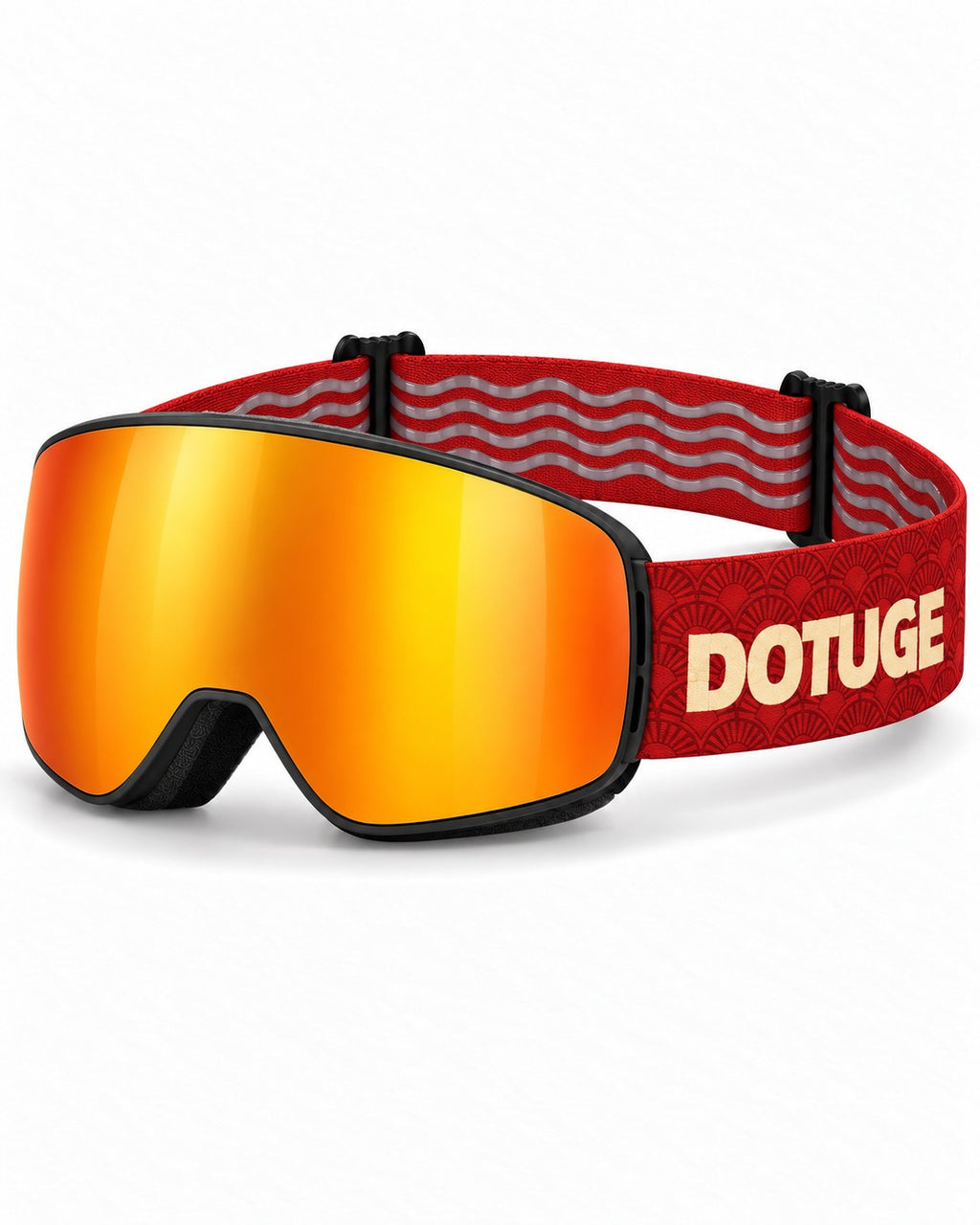 Halo 1 | Snow Goggles | Cylindrical Flip Cover Lens, UV400 Protection | Skiing and Snowboarding-Orange Lens / Black Frame / Red Strap – three-quarter view, studio – Snowgest