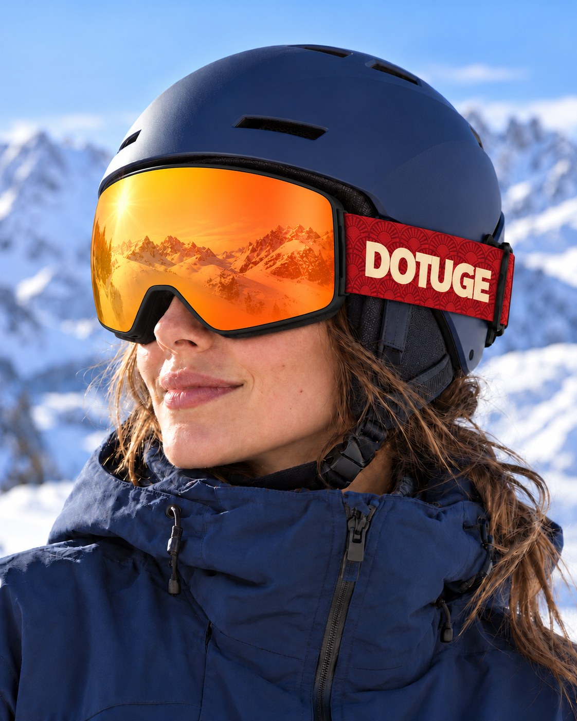 Halo 1 | Snow Goggles | Cylindrical Flip Cover Lens, UV400 Protection | Skiing and Snowboarding-Orange Lens / Black Frame / Red Strap – worn with a ski helmet, close-up – Snowgest