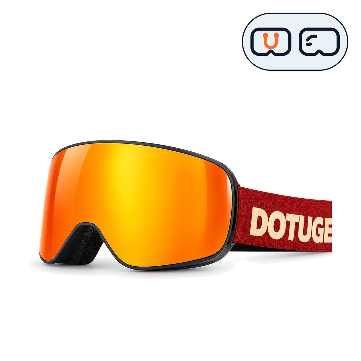 Halo 1 | Snow Goggles | Cylindrical Flip Cover Lens, UV400 Protection | Skiing and Snowboarding-Orange Lens / Black Frame / Red Strap-Snowgest