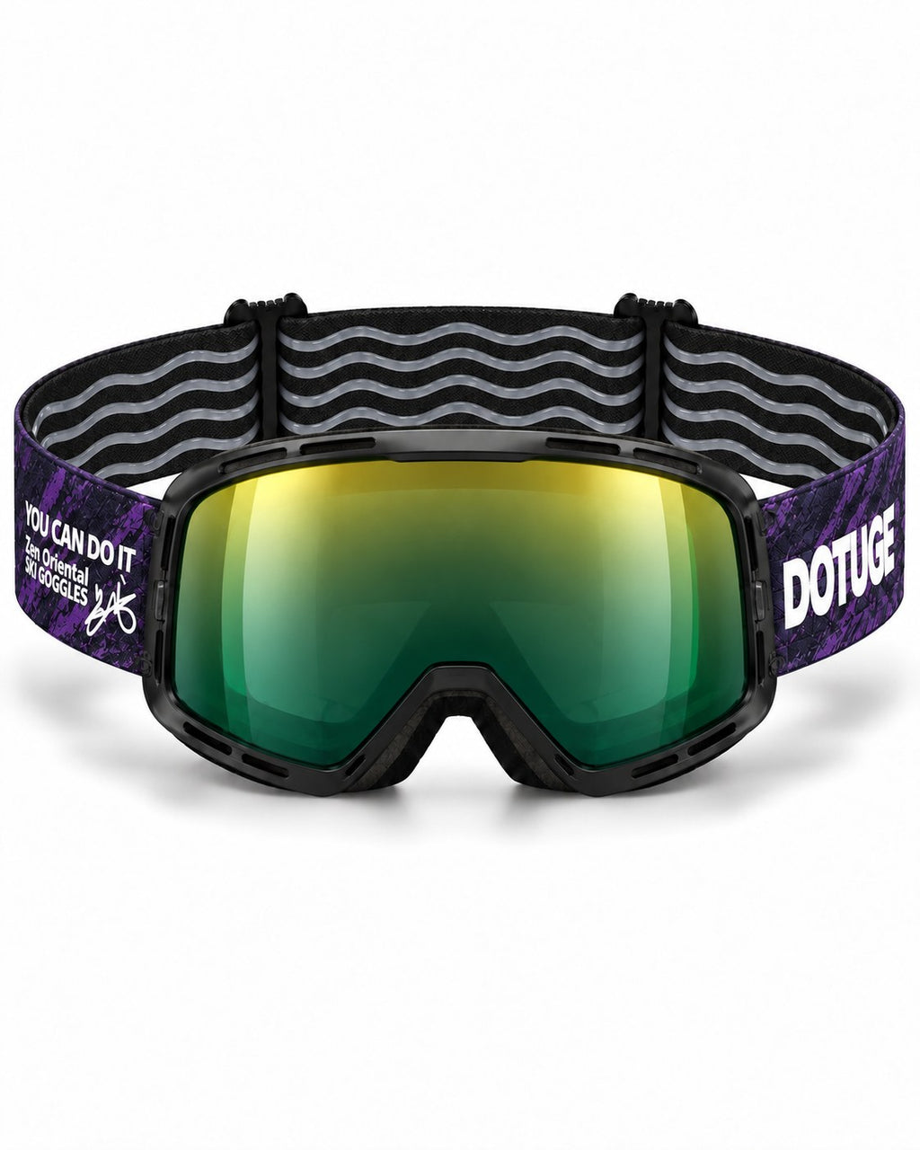 Halo 2 | Snow Goggles | Photochromic Cylindrical Lens, UV400 Protection | Skiing and Snowboarding-Green Lens / Black Frame / Black Strap – front view, studio – Snowgest