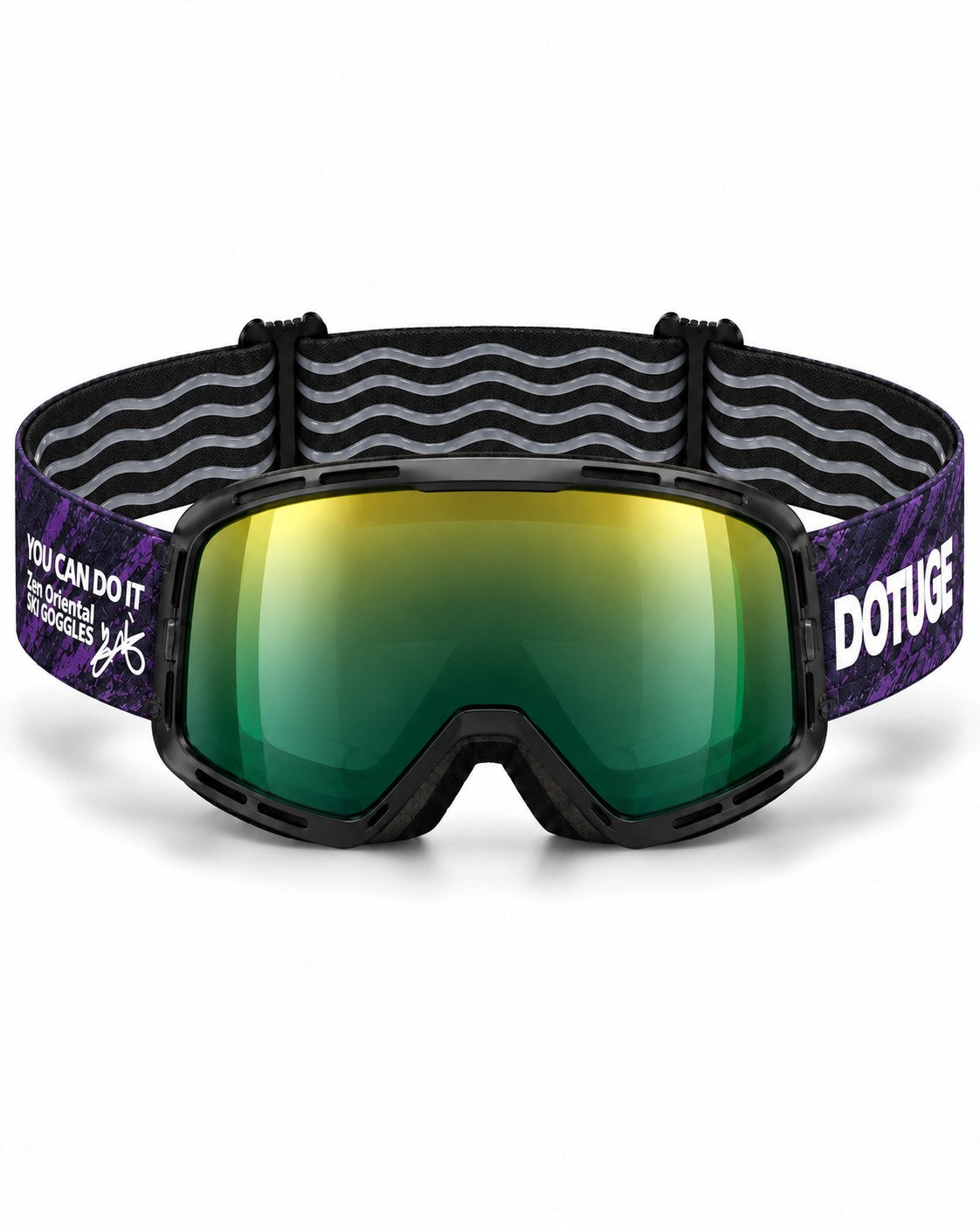 Halo 2 | Snow Goggles | Photochromic Cylindrical Lens, UV400 Protection | Skiing and Snowboarding-Green Lens / Black Frame / Black Strap – front view, studio – Snowgest
