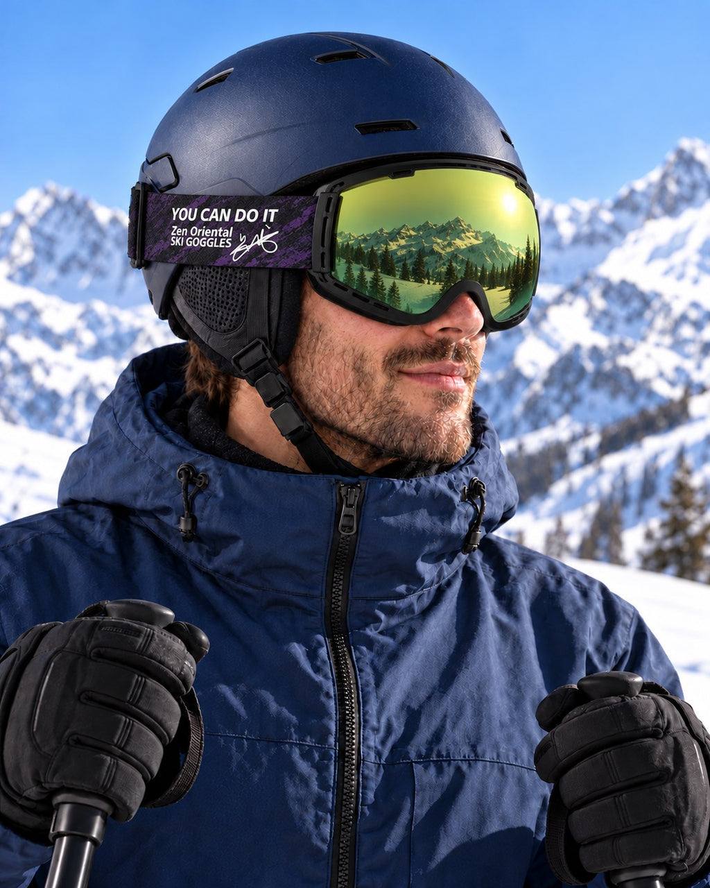 Halo 2 | Snow Goggles | Photochromic Cylindrical Lens, UV400 Protection | Skiing and Snowboarding-Green Lens / Black Frame / Black Strap – side view worn by a skier – Snowgest